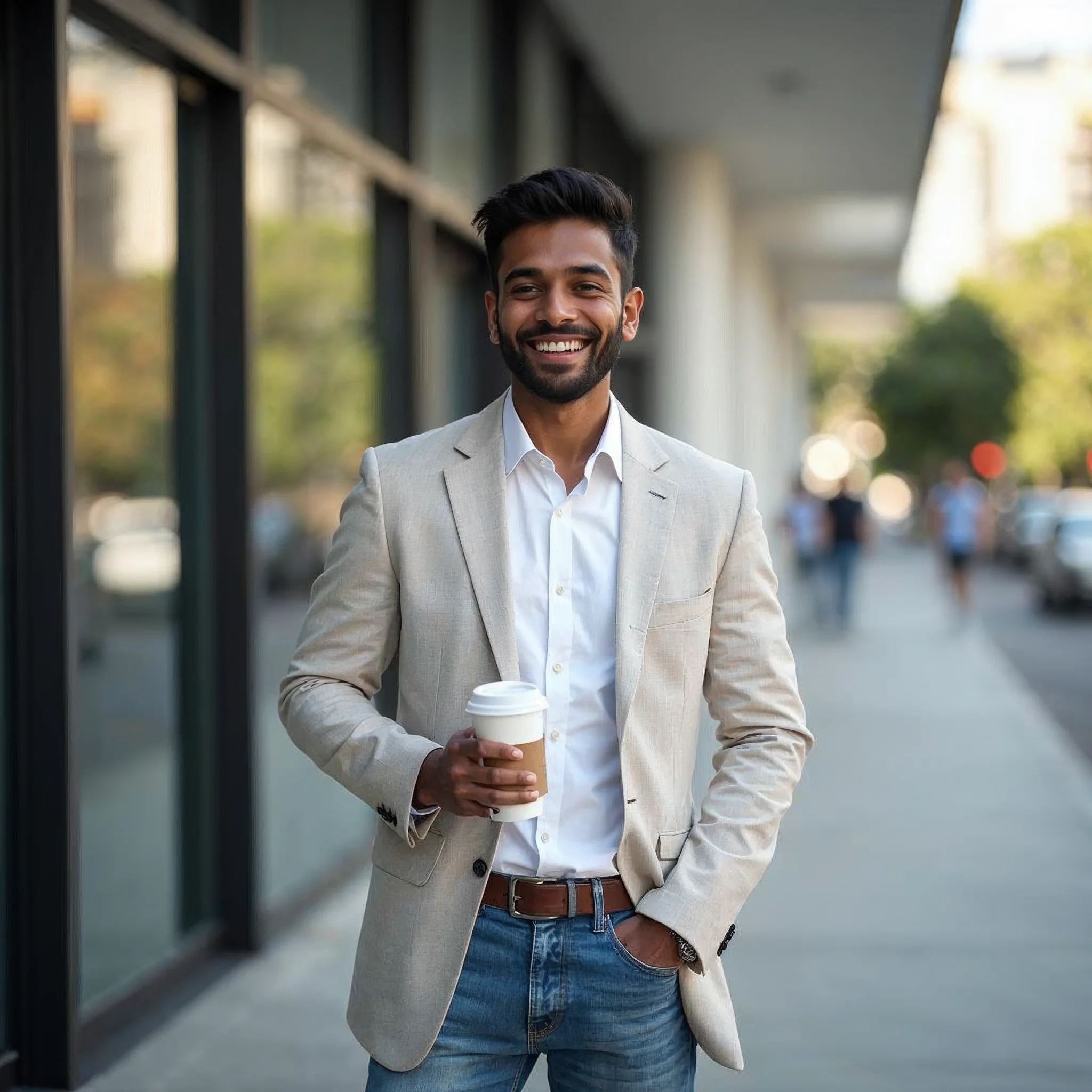 indian expat standing happily after getting a promotion