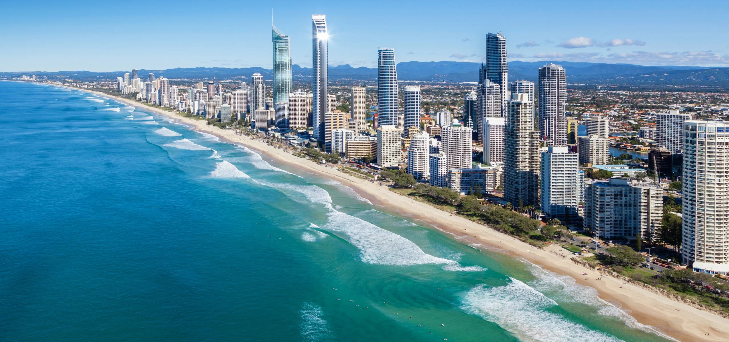 skyline of brisbane in australia. this is an aerial shot showing the shoreline.
