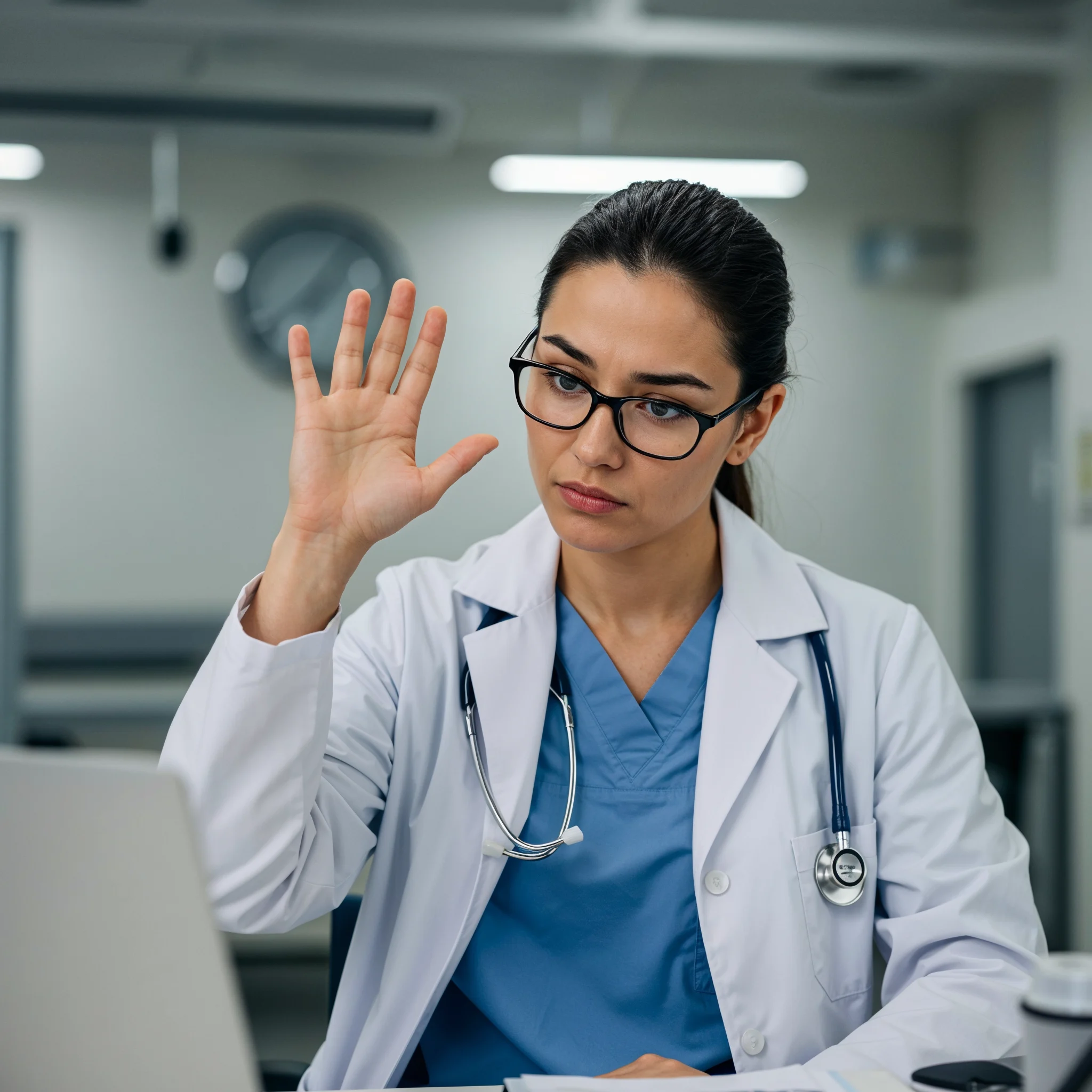 a medical doctor raising her hand trying to get started talking
