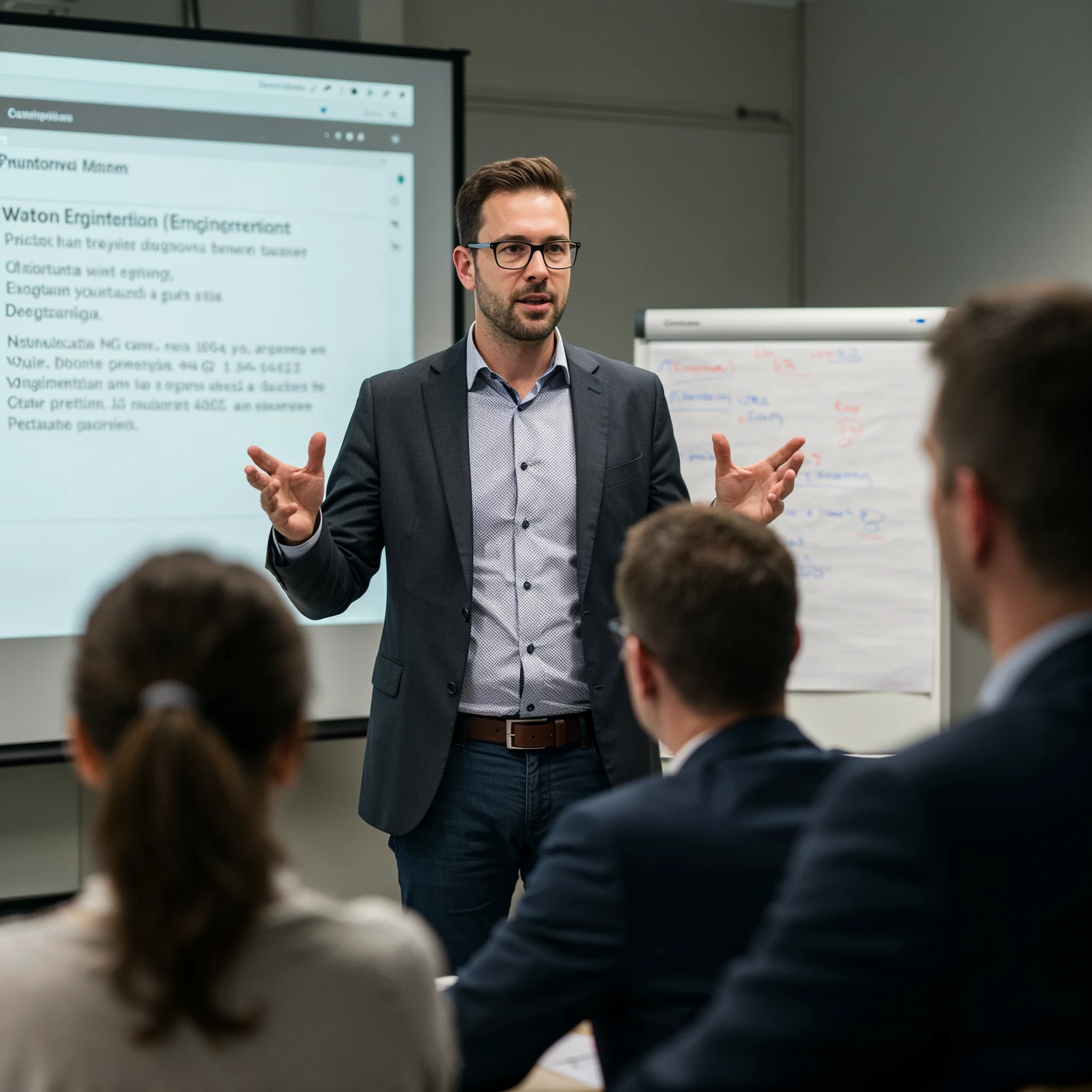 a confident tech lead presenting to the room full of his coworkers