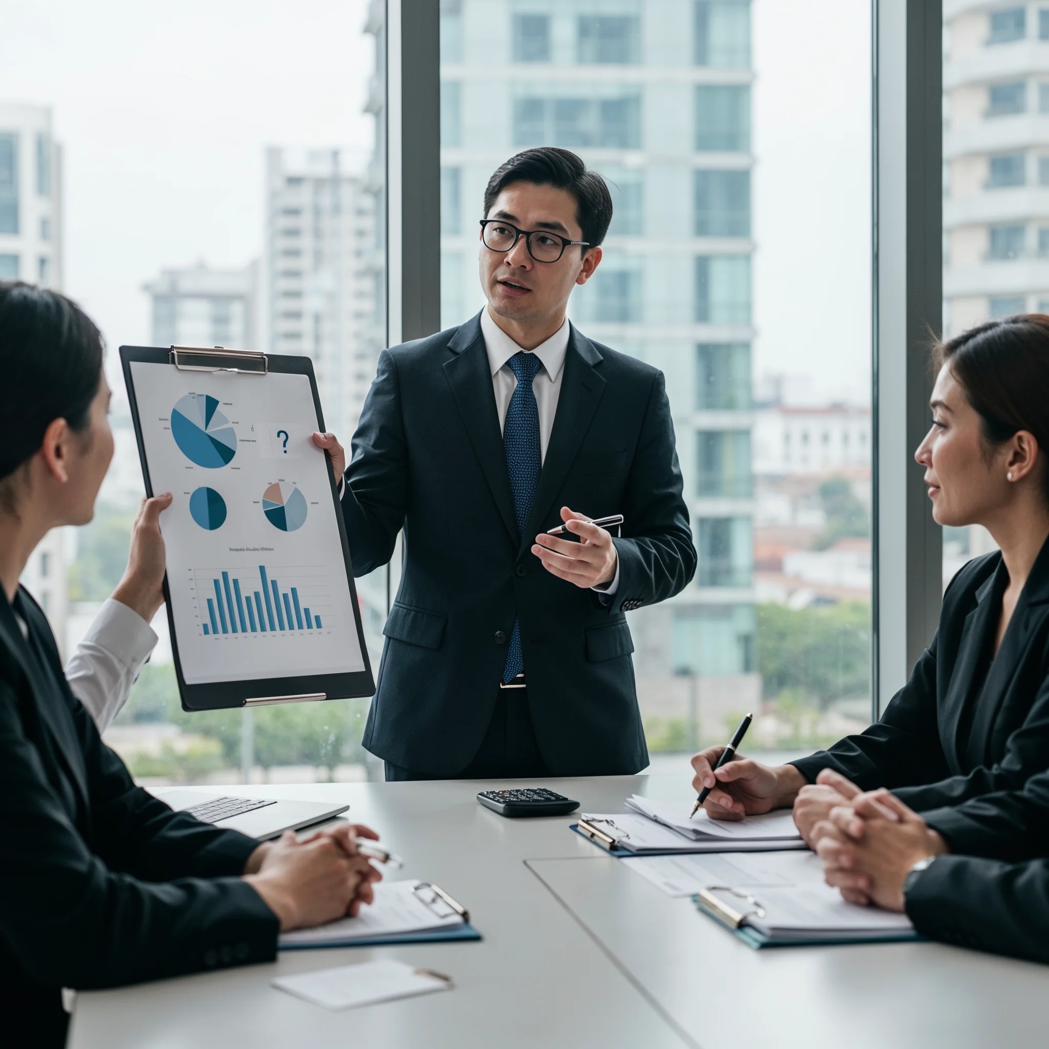 a data analyst presenting metrics to the board members