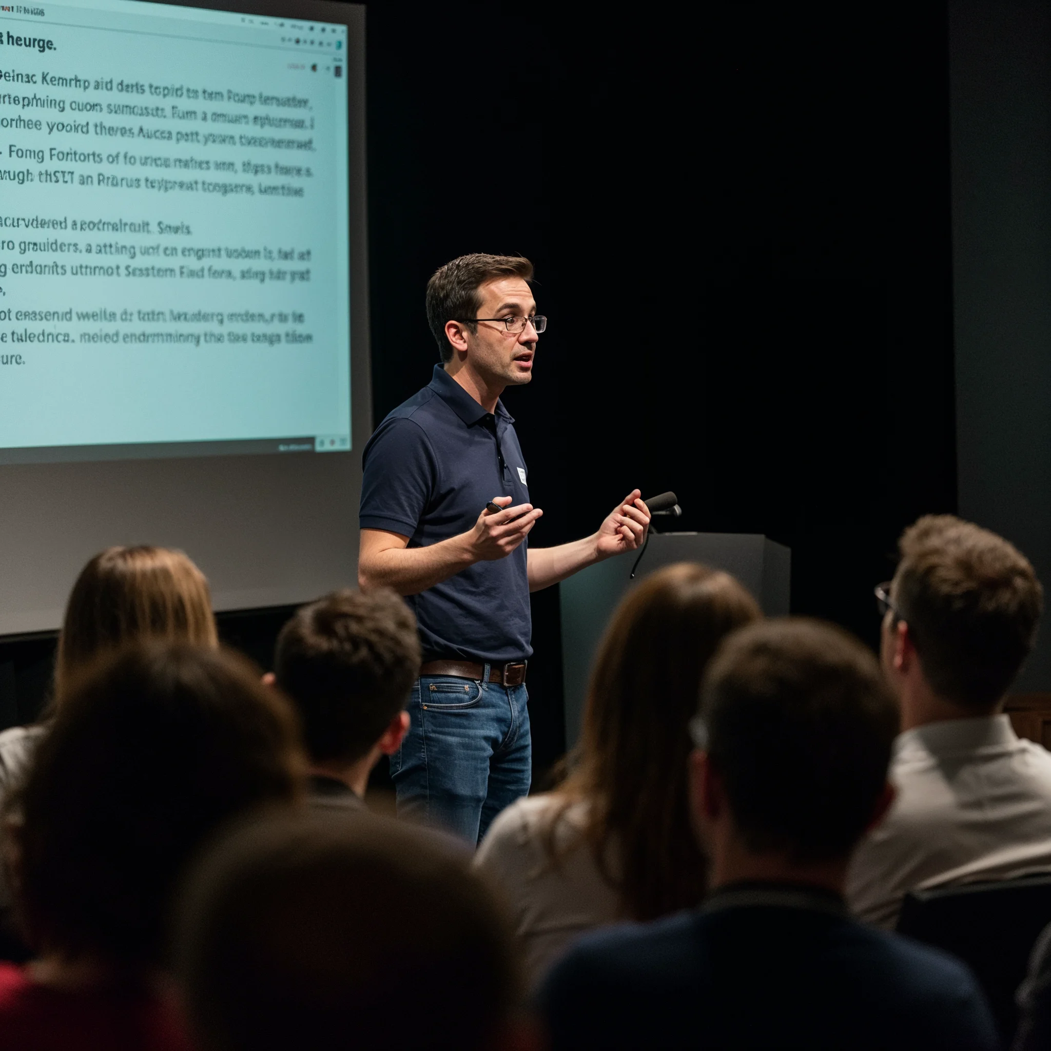 a founder presenting during an investor pitch, audience listening to him