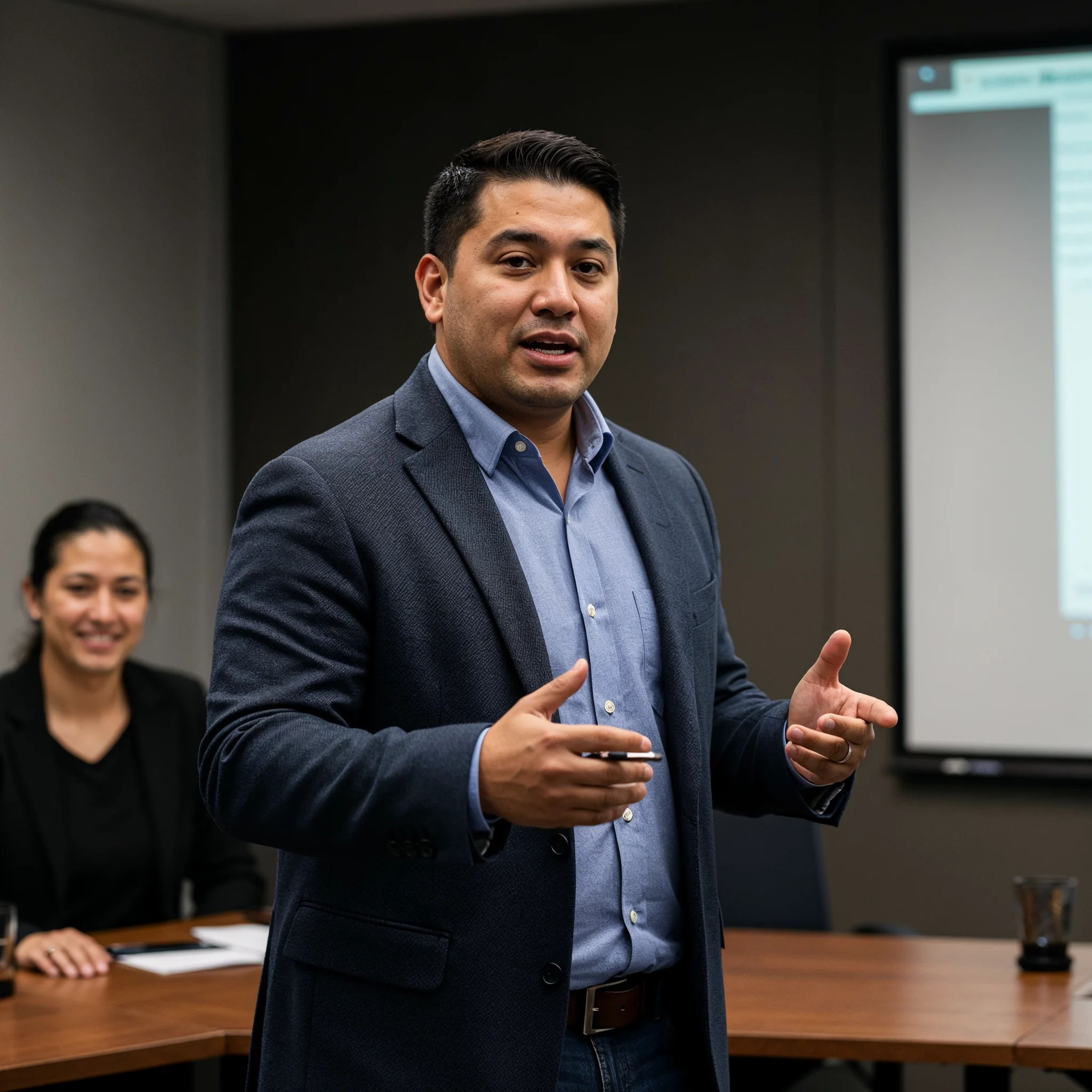 product manager presenting in front of his coworkers confidently