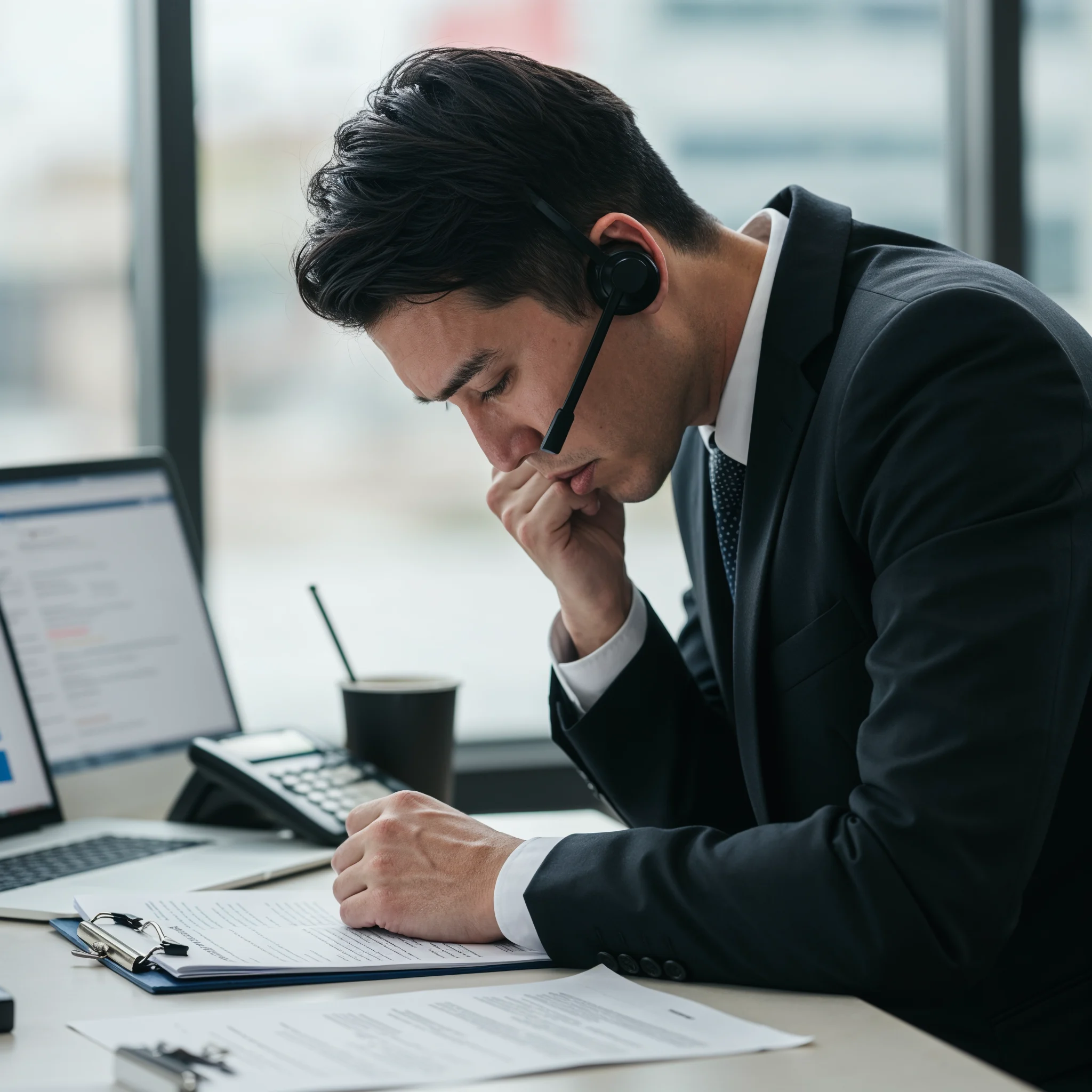 a frustrated sales rep looking down towards the piece of paper