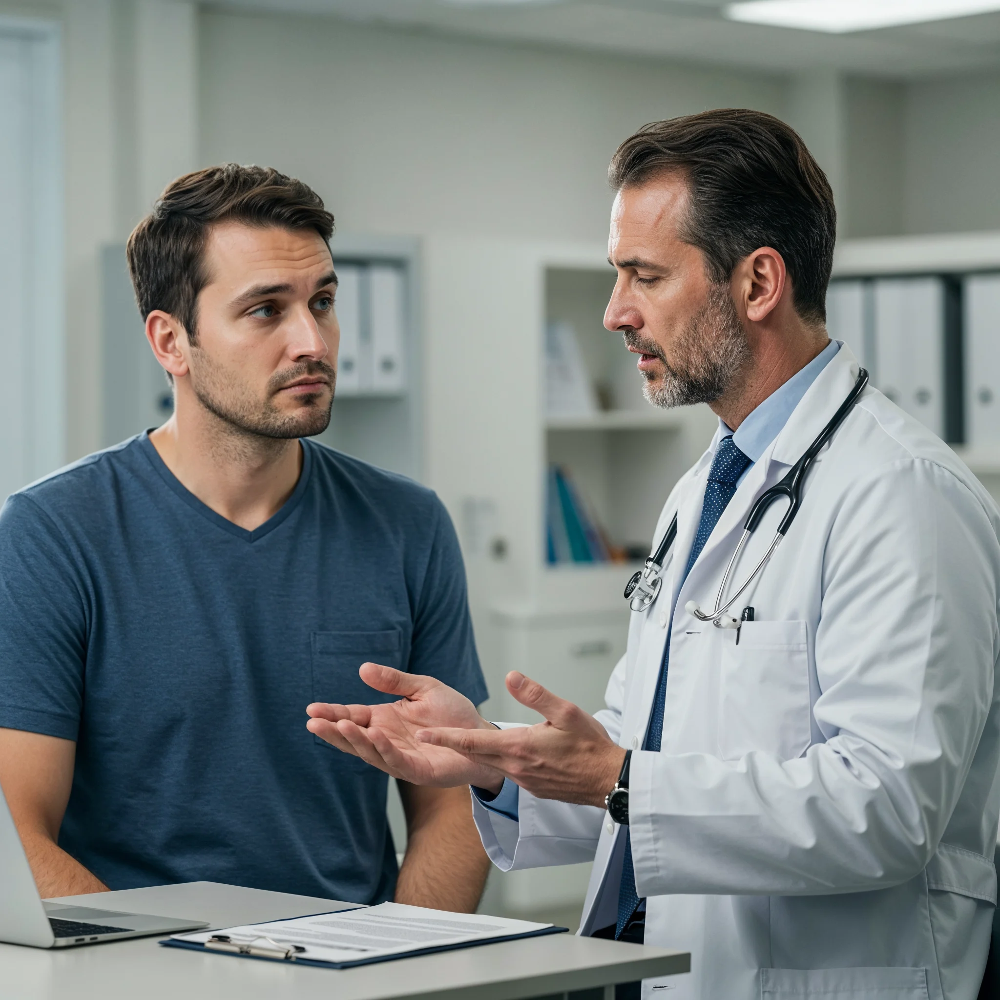 a photo of a doctor explaining the diagnosis to the patient, but the patient is confused