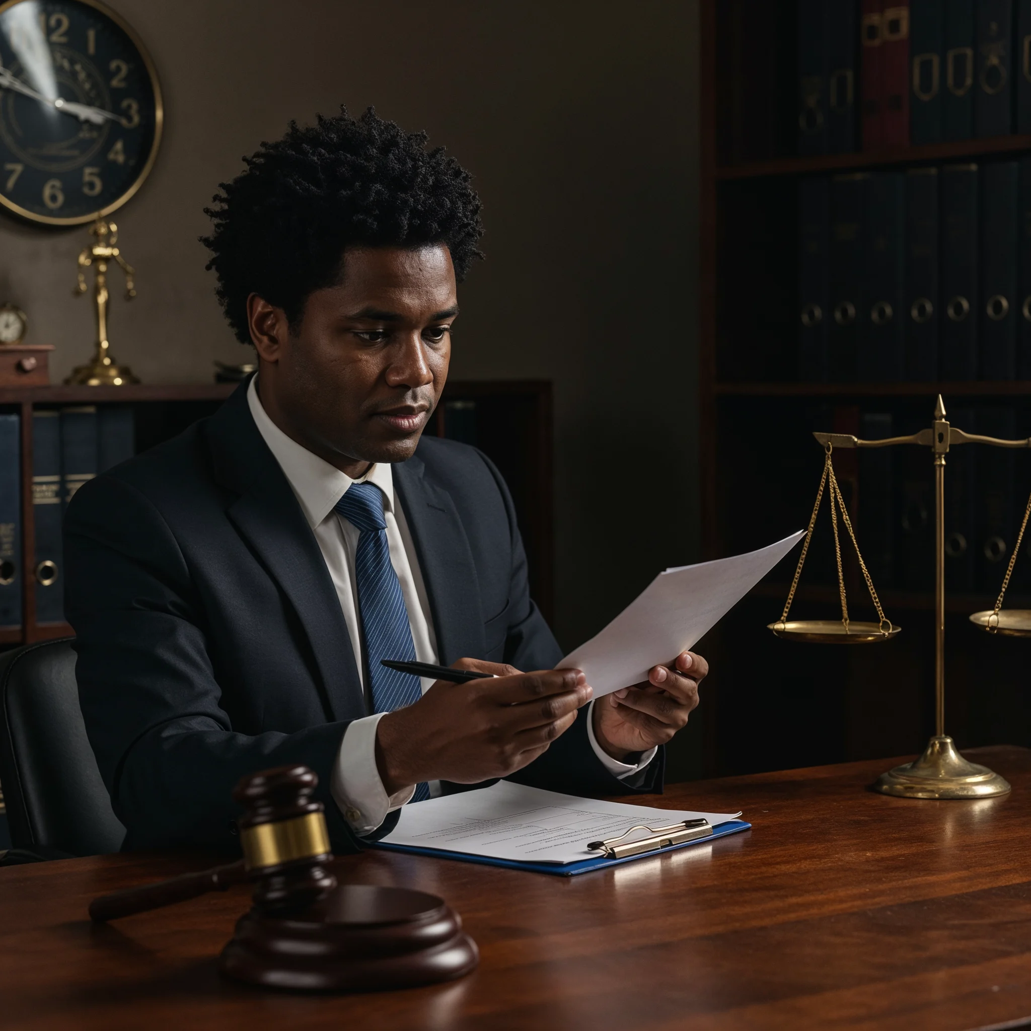 a legal professional reading a document before the trial