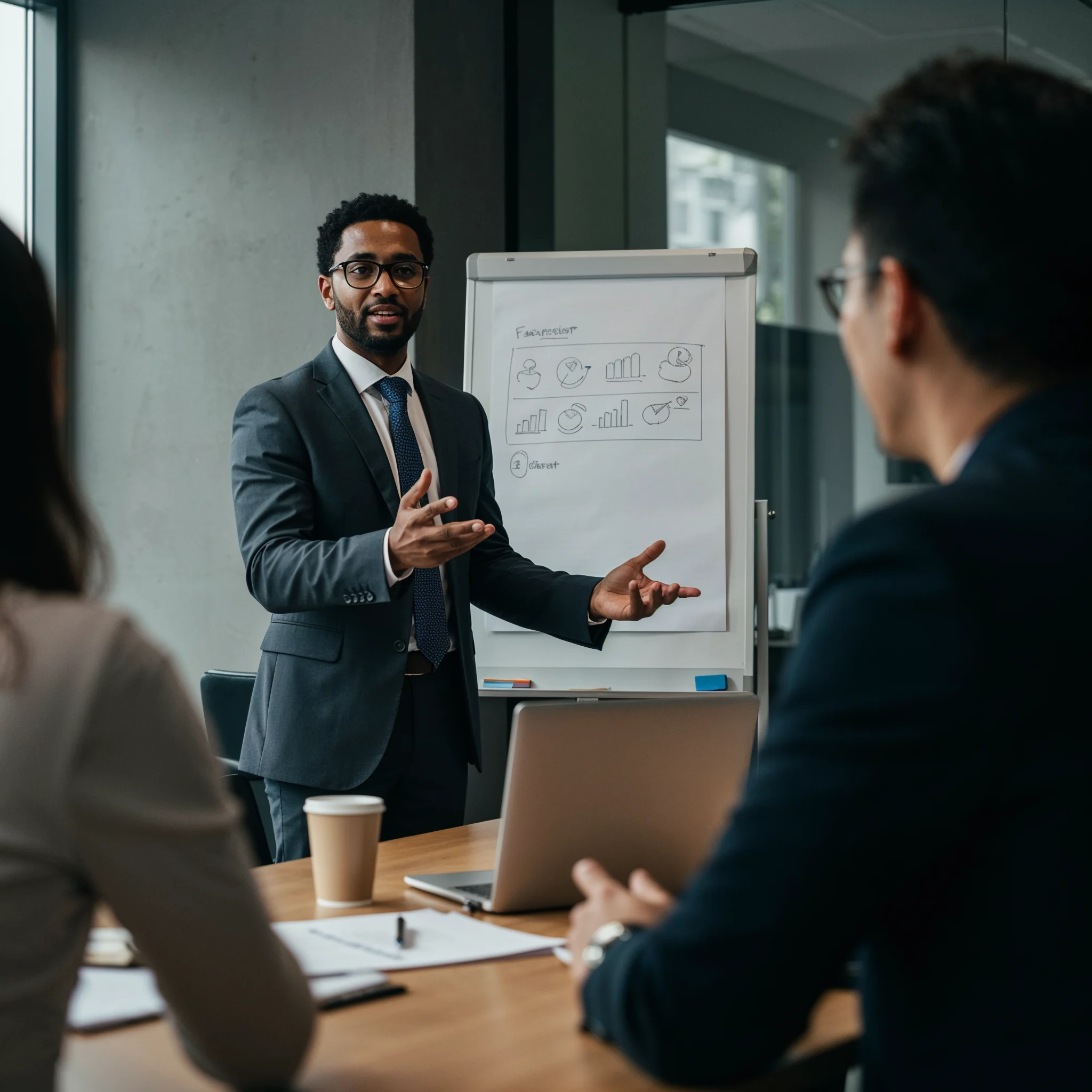 a product manager confidently leading a meeting with his coworkers