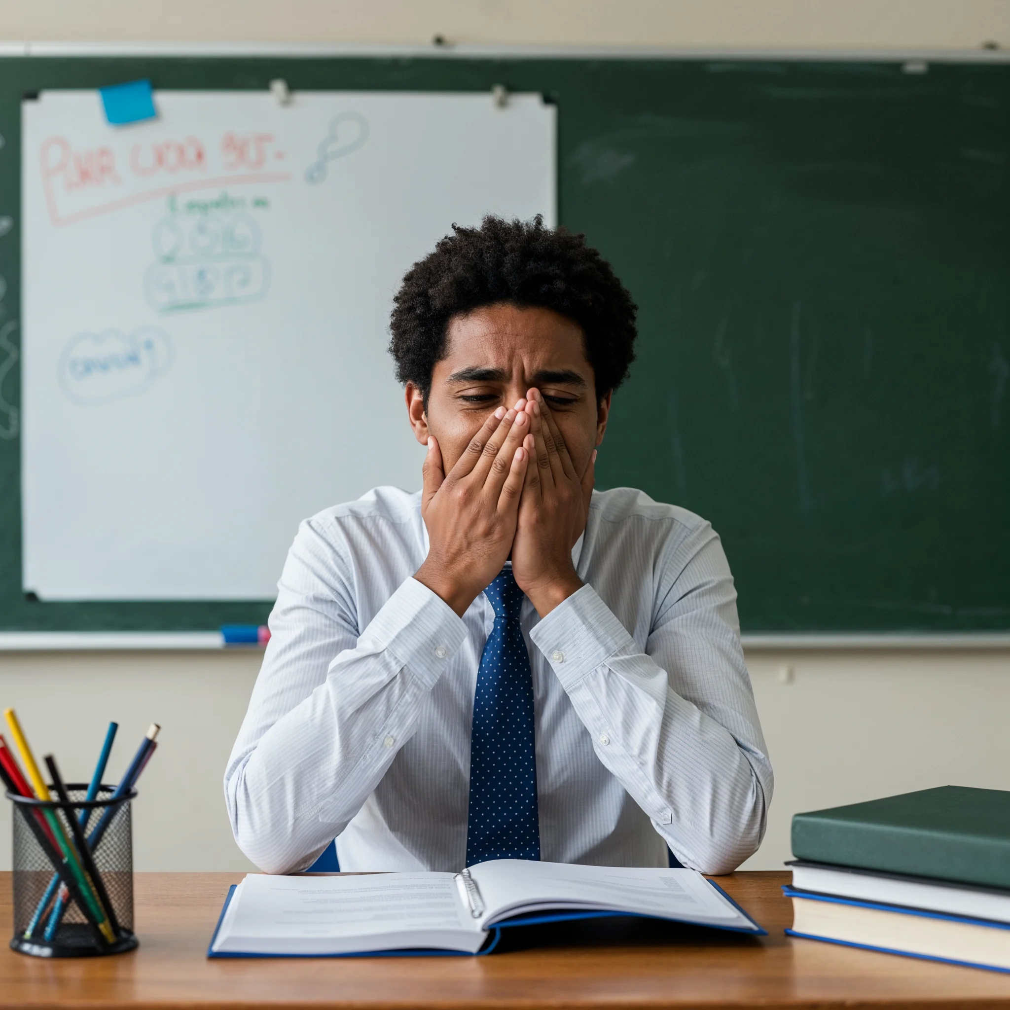 a teacher at the end of his long day grading assignments
