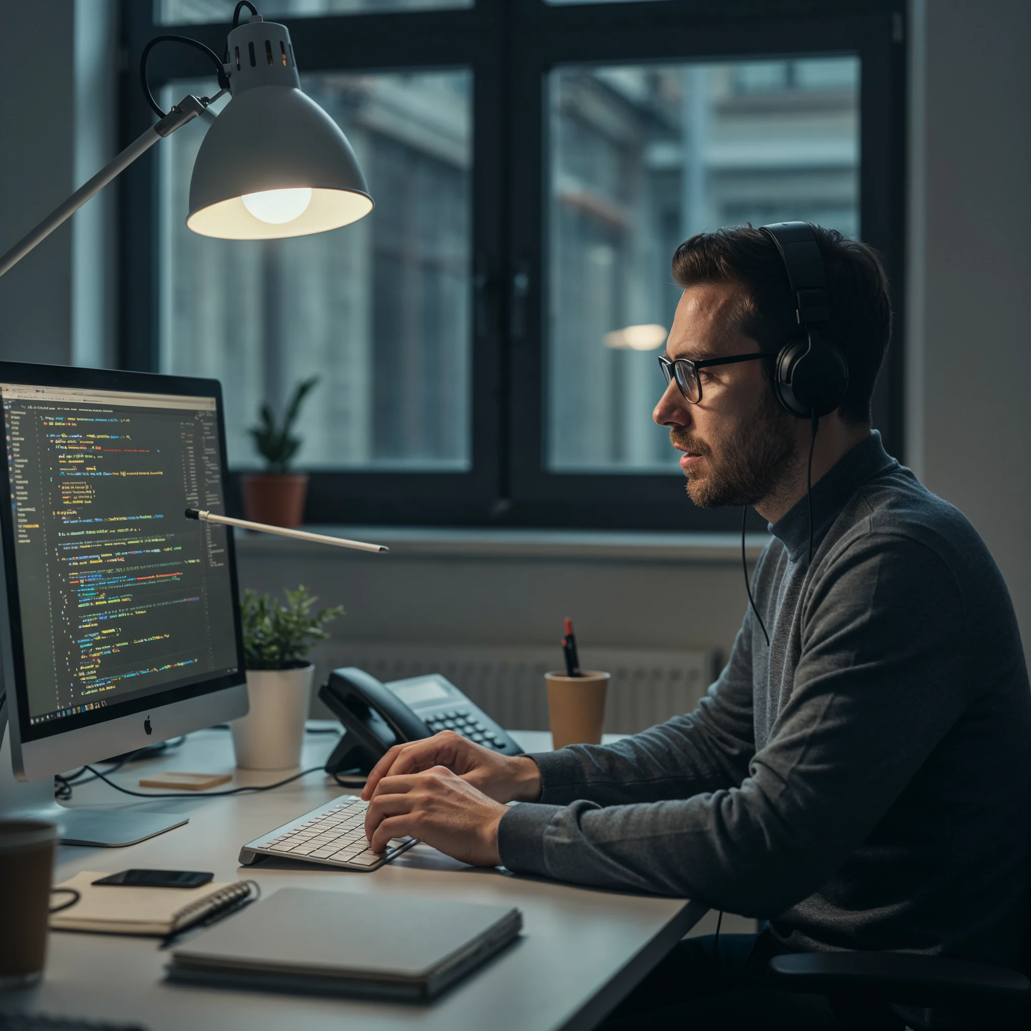 a software developer working on his desktop and debugging the code
