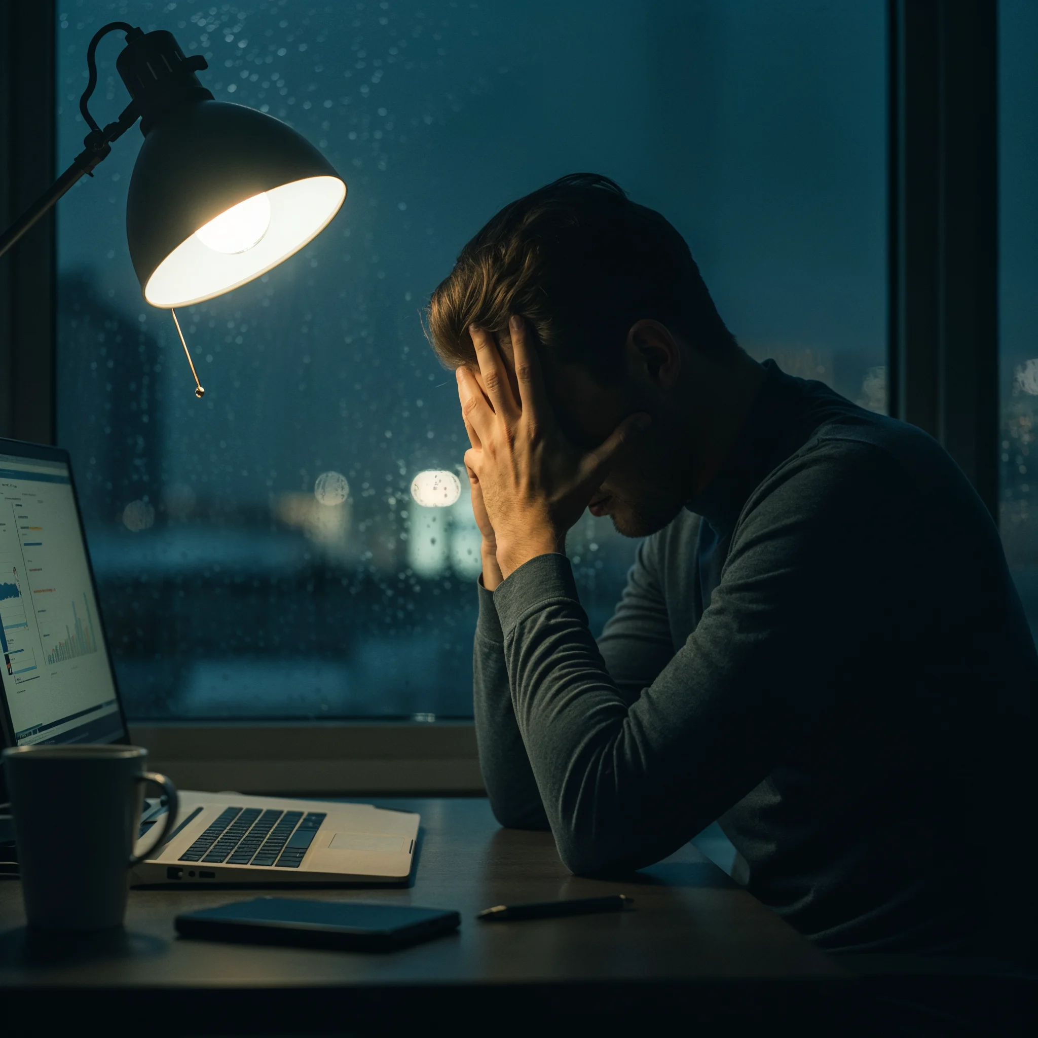 a software developer sitting and facepalming from frustration