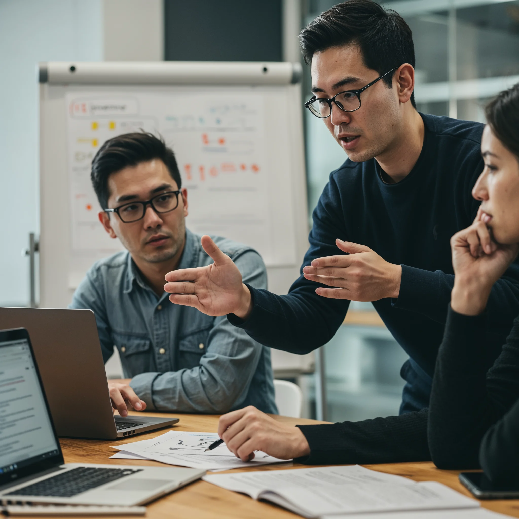 software developer explaining code architecture to his coworkers