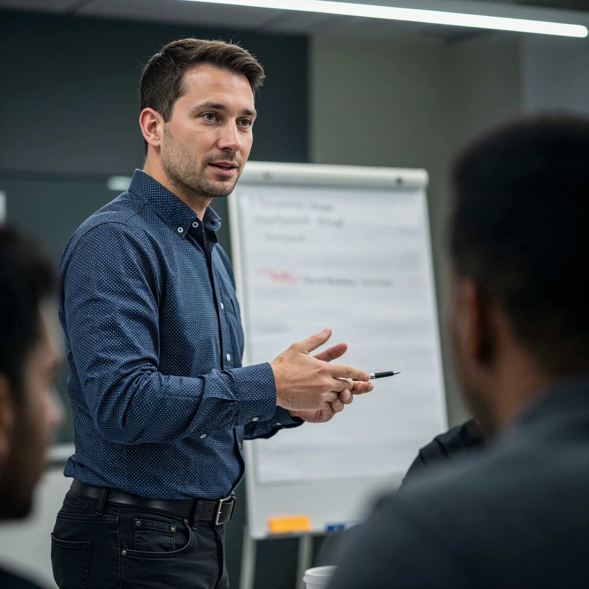 confident tech lead talking during the stakeholder meeting