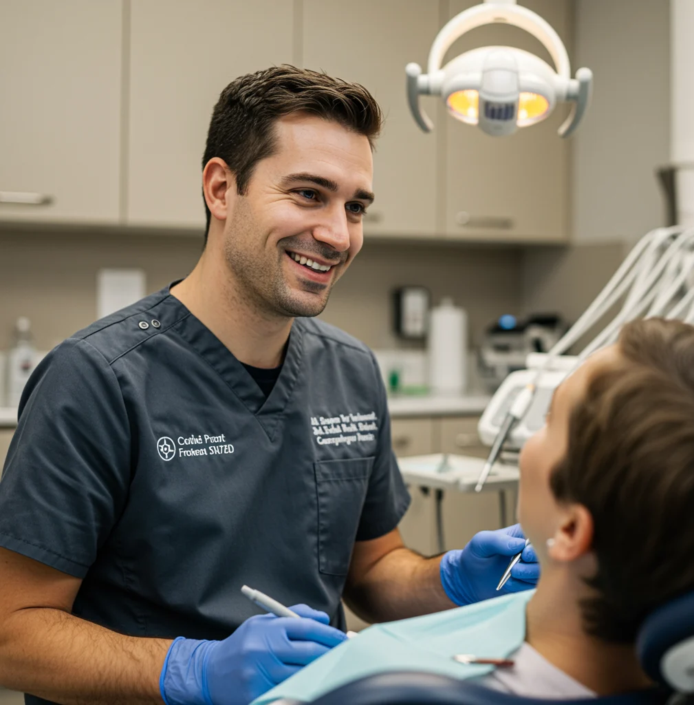 a dentist working and smiling while talking to his patient