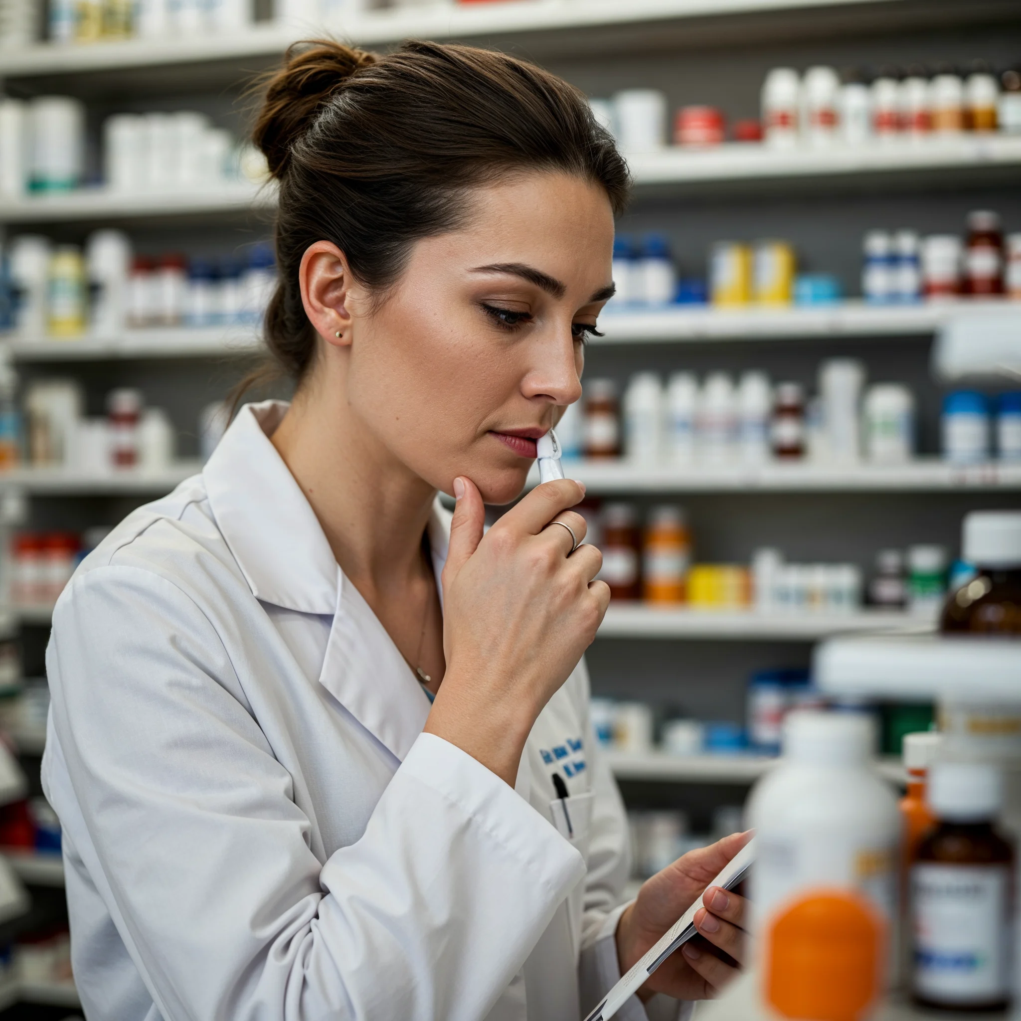 pharmacist working at the pharmacy store, looking at a bottle