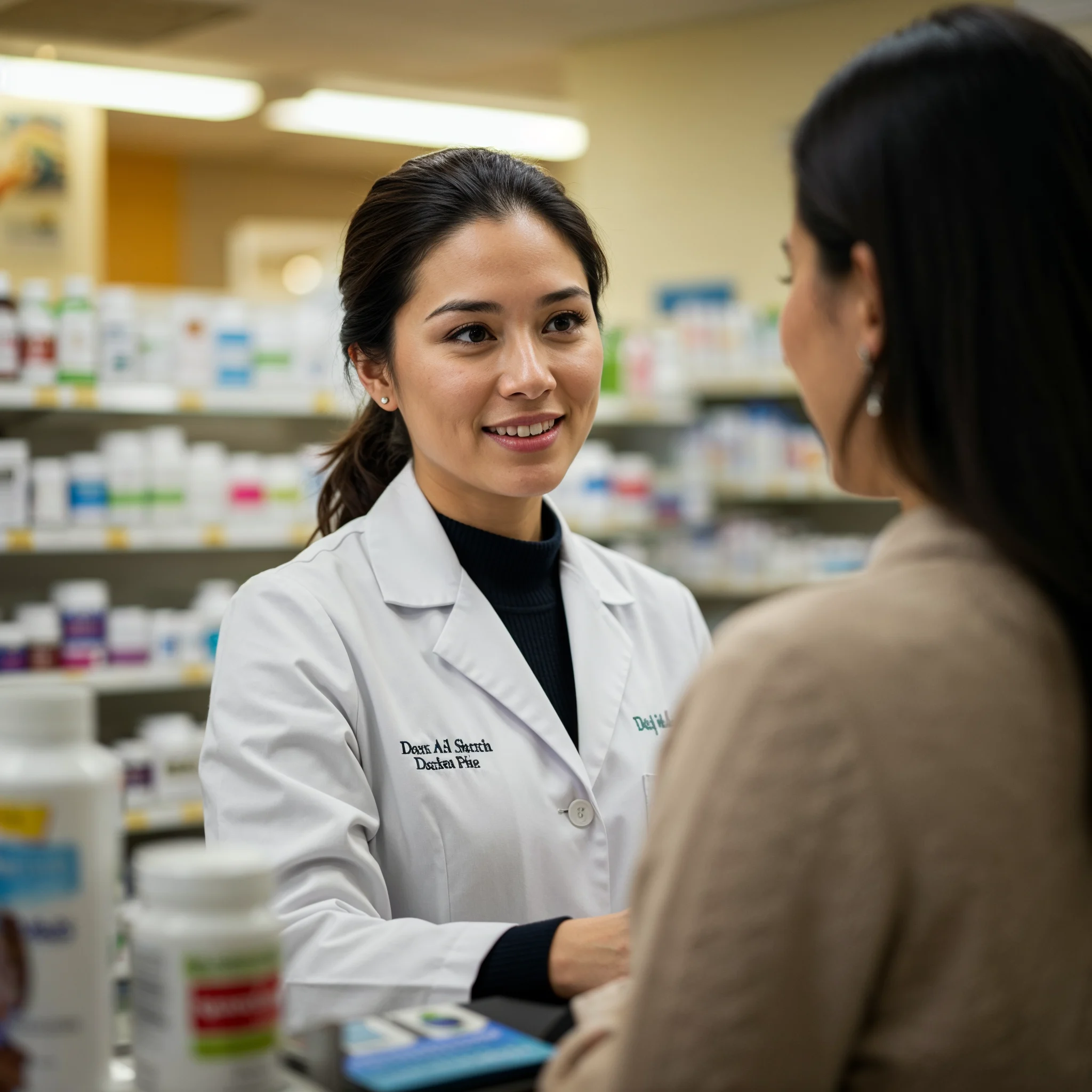 a happy pharmacist smiling towards her patient because she was able to help her