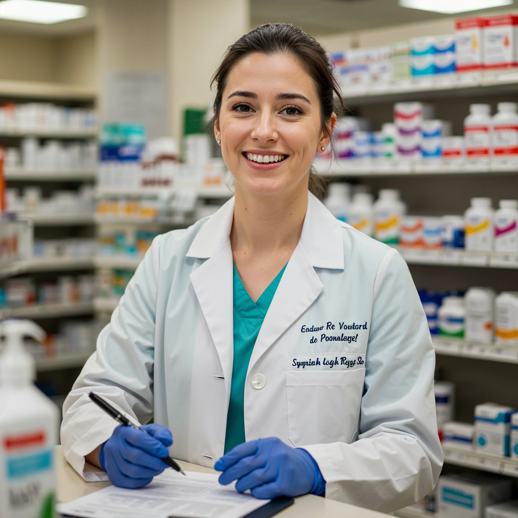 a pharmacist working and smiling while looking at the camera