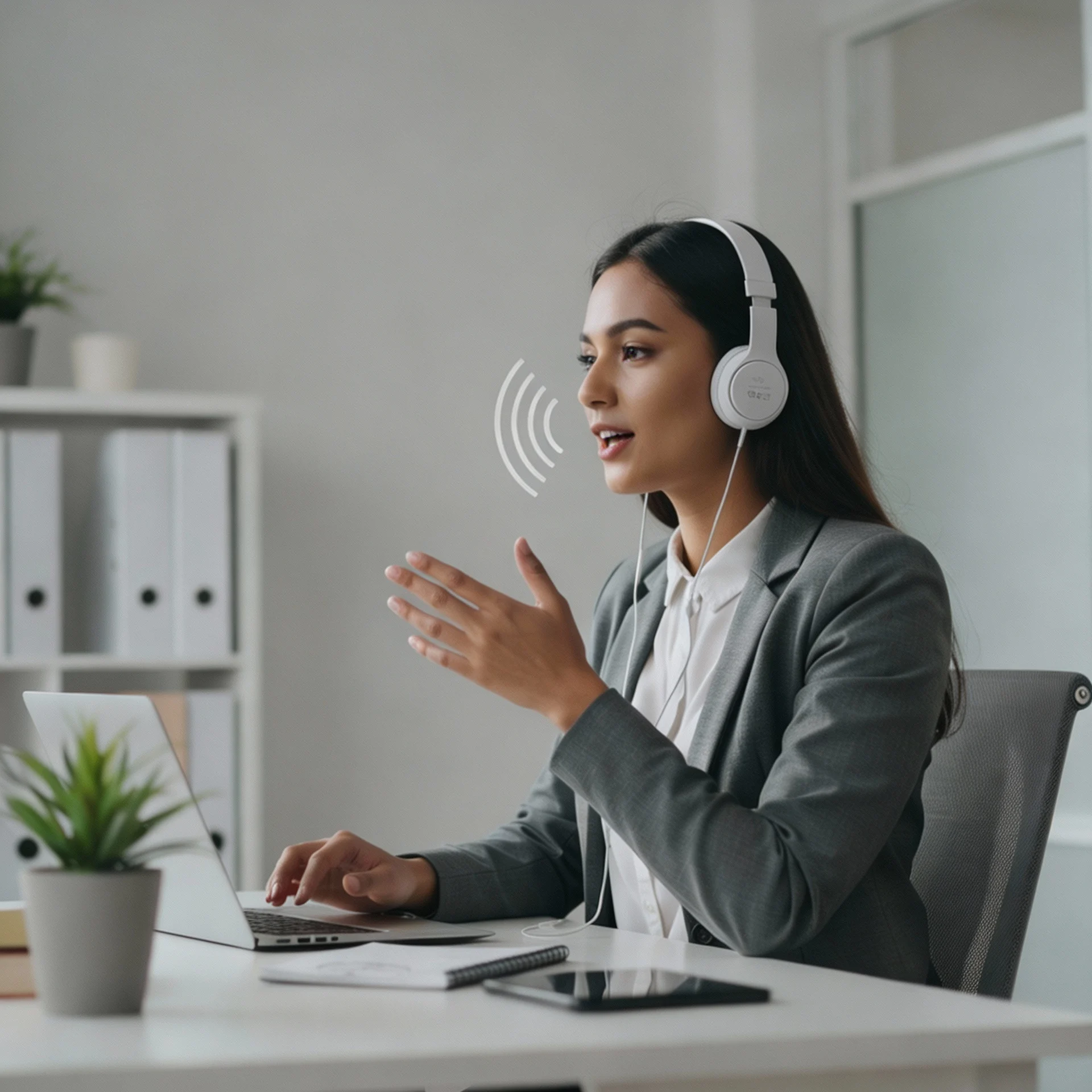 american accent training promo image where a lady is sitting in front of her computer and working on her pronunciation