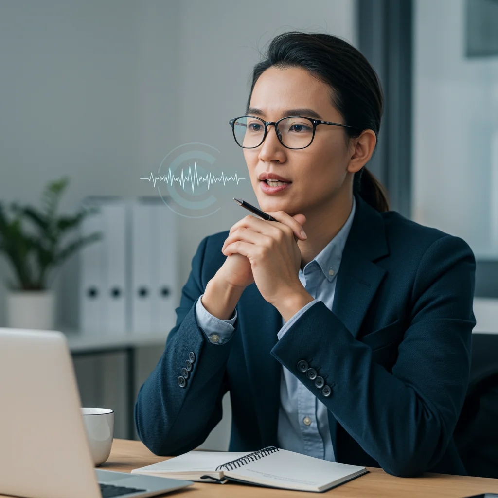 Professional using American accent training to speak clearly and confidently in a workplace meeting