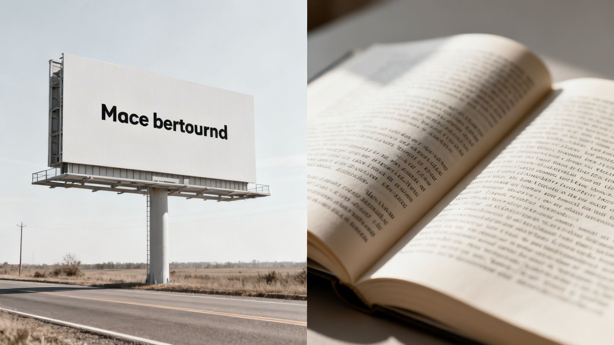 A diptych showing a large billboard with 'Mace bertournd' text and a close-up of an open book.