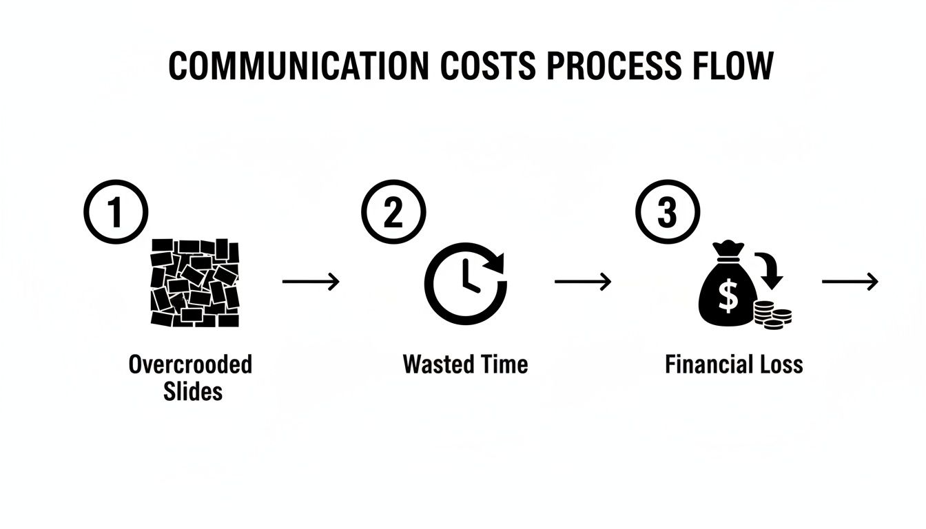Communication costs process flow diagram: overcrowded slides lead to wasted time and financial loss.