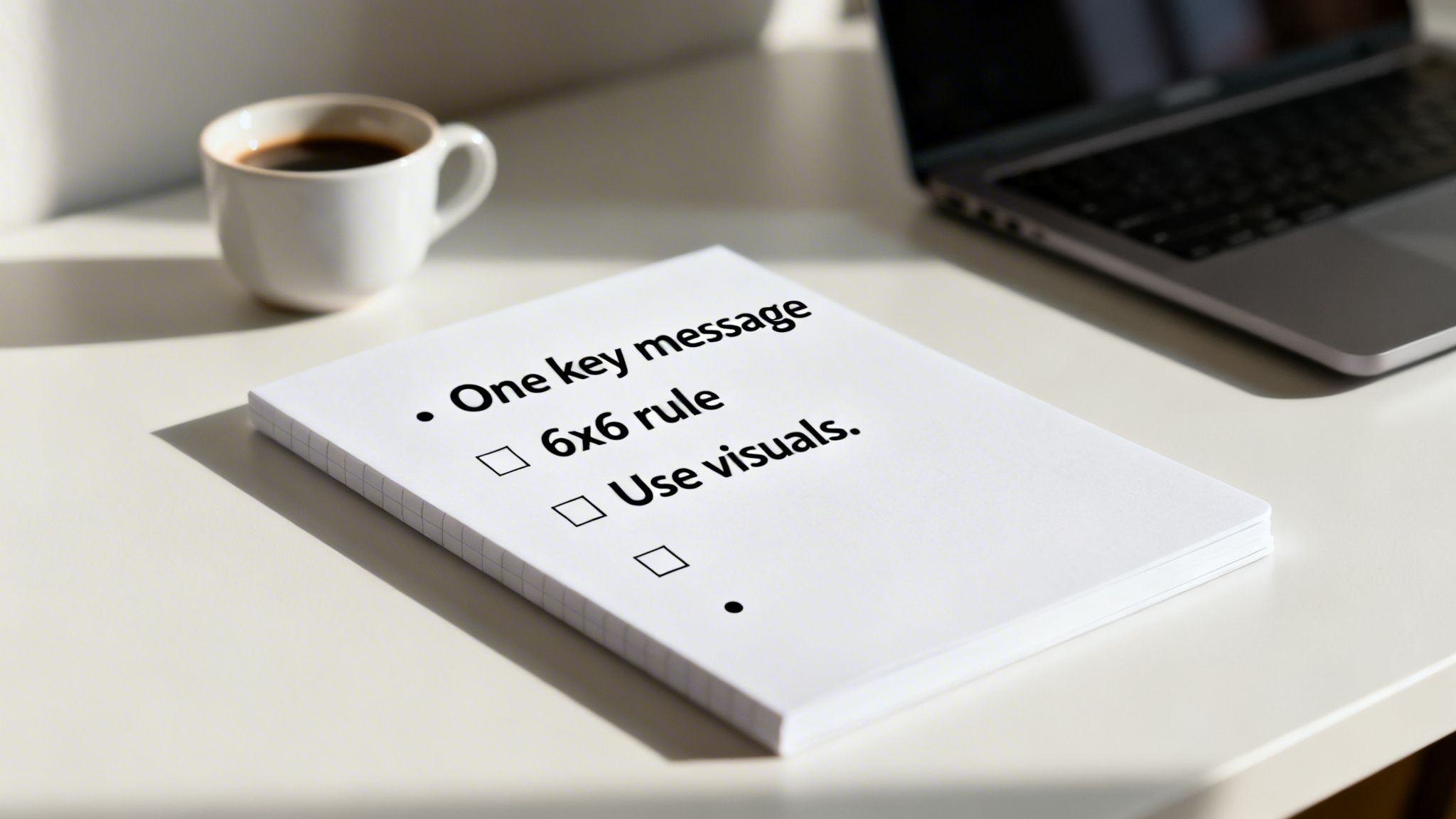 Notepad on a desk with a coffee and laptop, showing presentation tips like '6x6 rule' and 'Use visuals'.