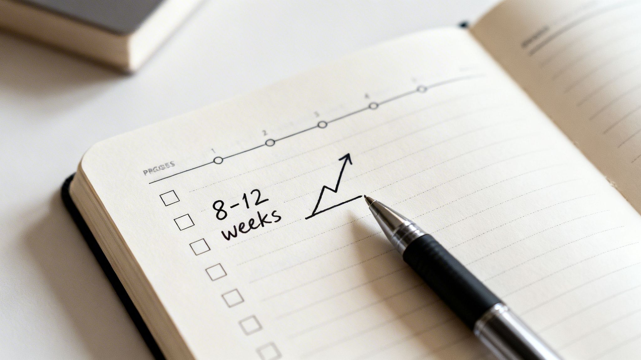 A pen lies on an open notebook displaying '8-12 weeks' written next to an upward trending progress graph.
