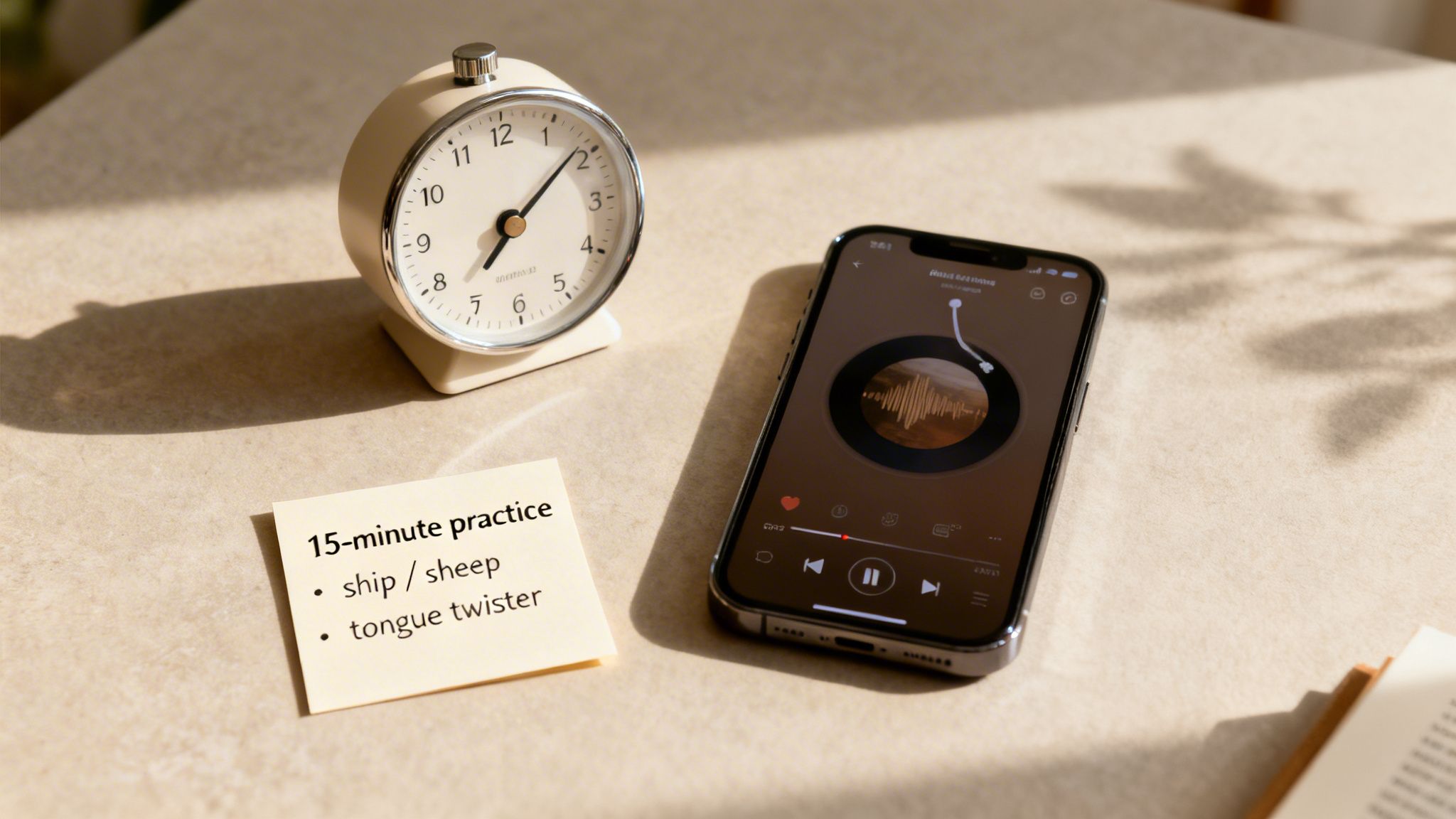 A desk with an alarm clock, smartphone playing audio, and a sticky note listing English pronunciation practice exercises.