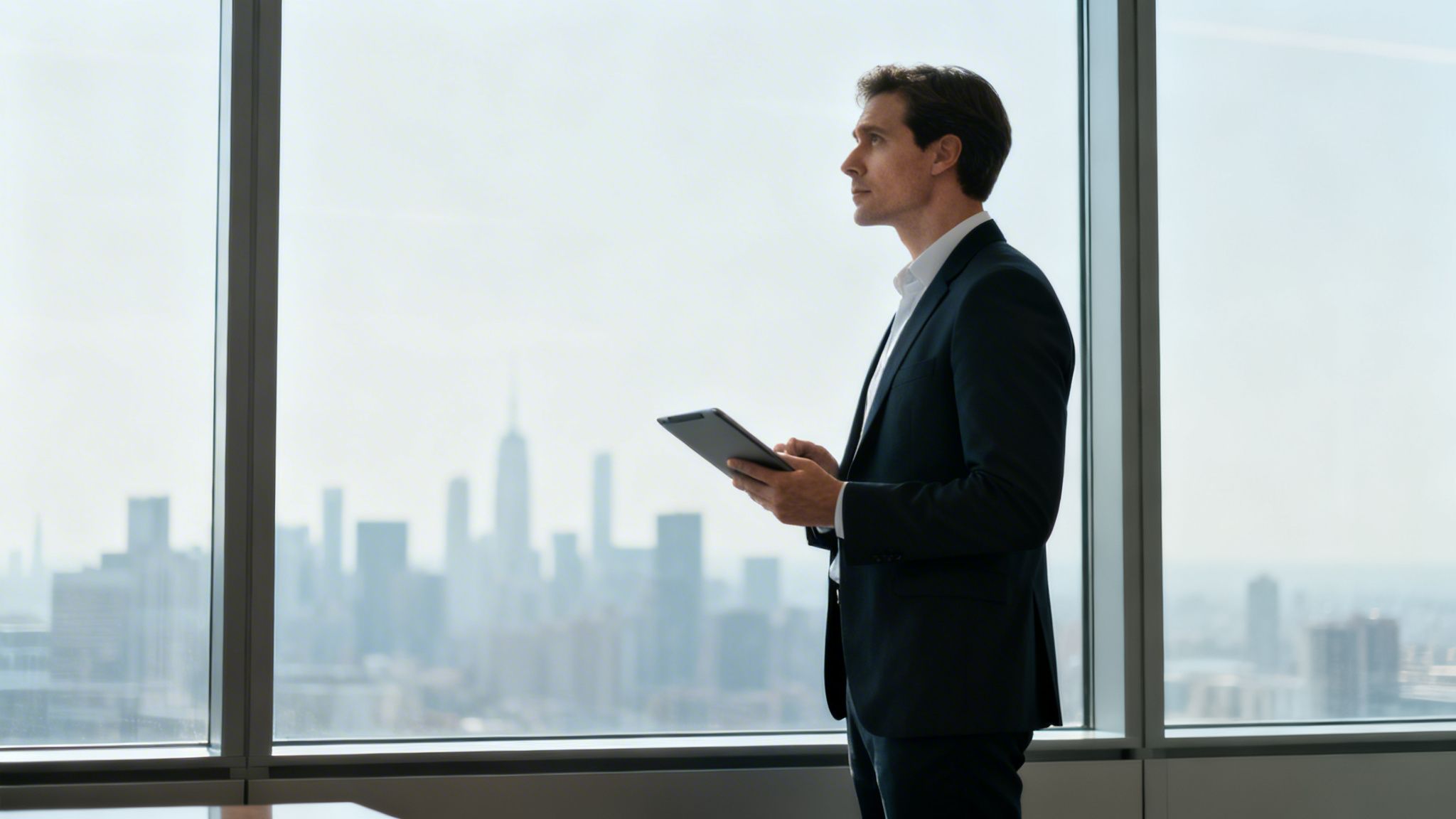 A businessman in a suit holds a tablet, looking thoughtfully out a large office window at a city skyline.