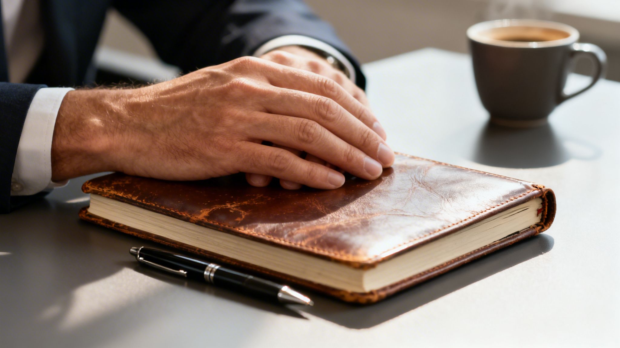 Hands of a businessman resting on a brown leather journal, with a pen and steaming coffee.