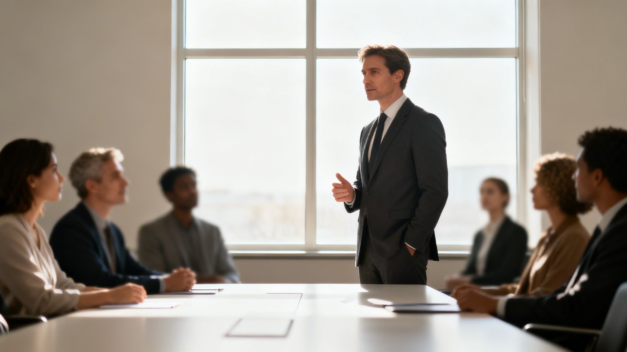 A businessman gives a presentation to diverse colleagues sitting at a table in a bright meeting room.