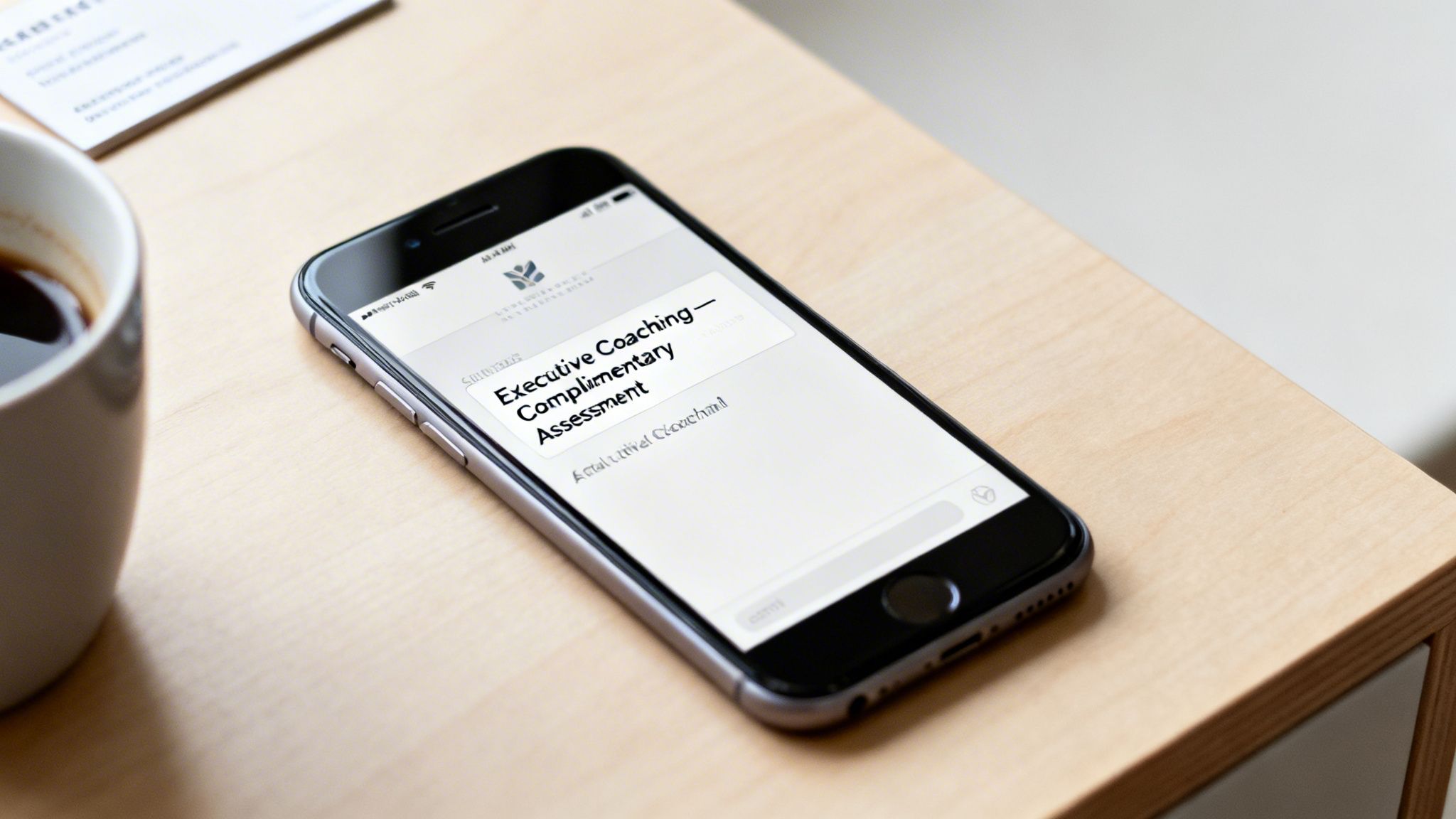 A smartphone on a wooden desk displays an email about executive coaching with a coffee cup nearby.