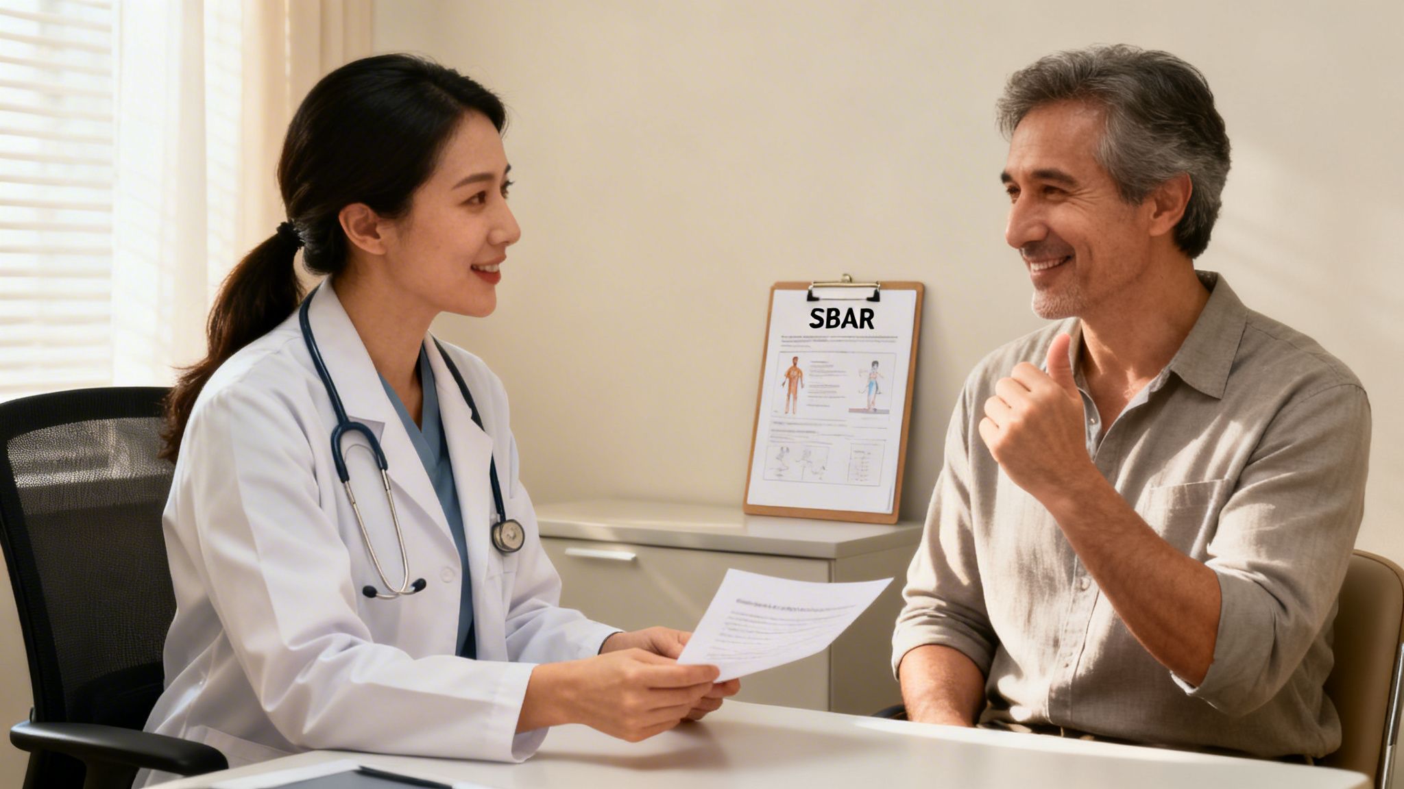 Smiling female doctor in white coat discusses health with a male patient, showing good communication.