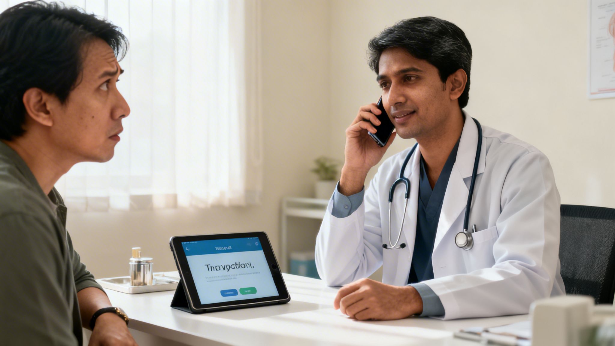 A male doctor on the phone while a male patient looks on during a medical consultation.