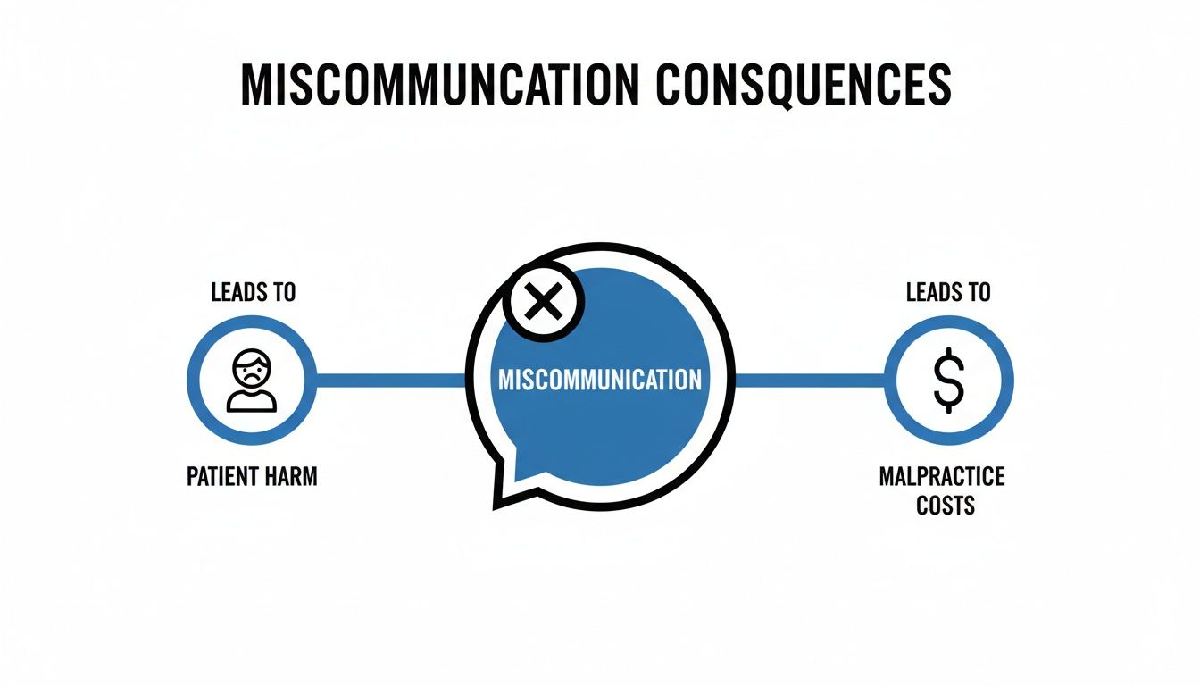 An infographic illustrating miscommunication consequences, showing it leads to patient harm and malpractice costs.