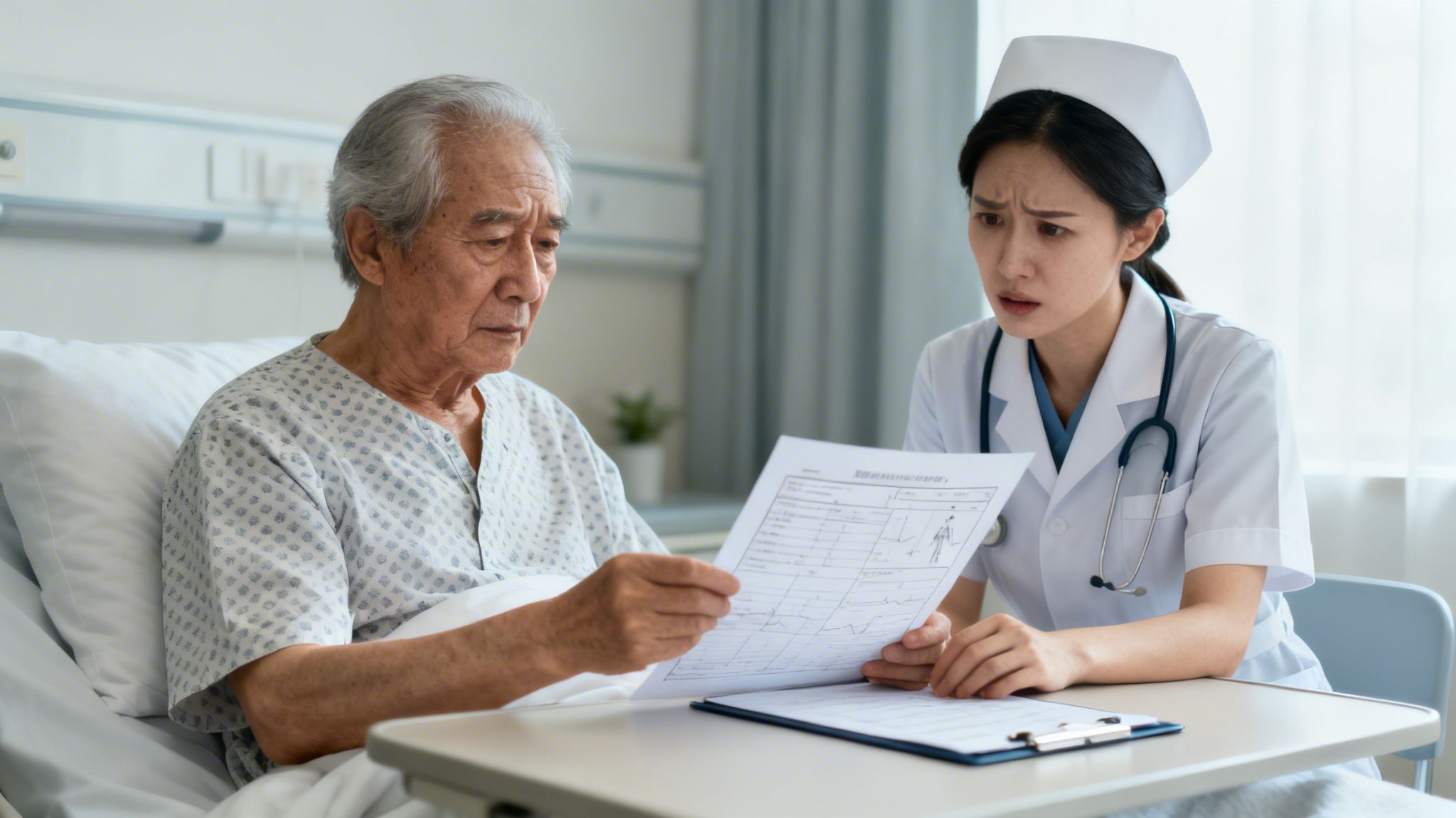 Elderly Asian patient and nurse with serious expressions discussing medical results in a hospital.