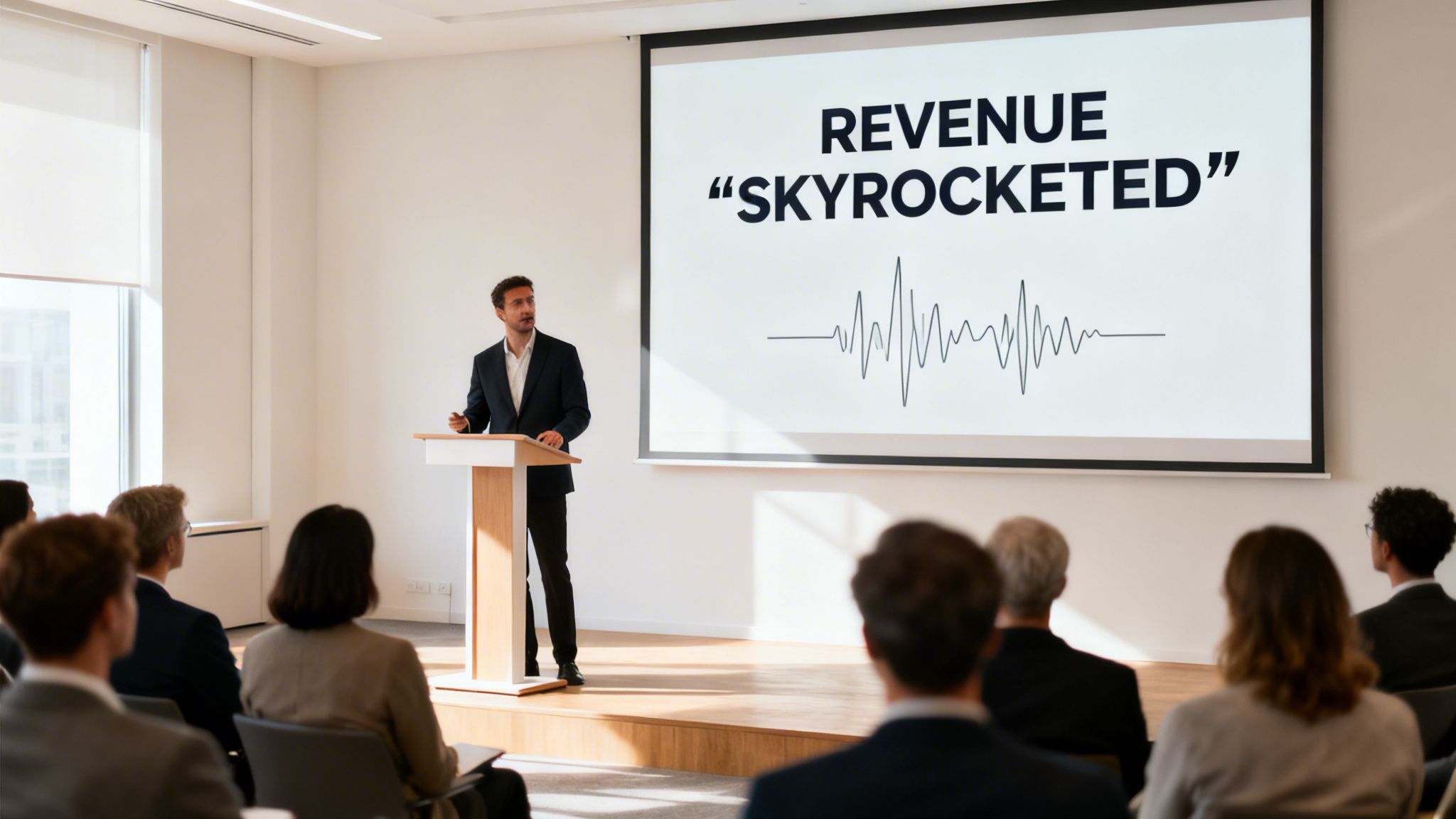 A speaker presents financial results, with "REVENUE 'SKYROCKETED'" and a graph on the screen, to an audience.