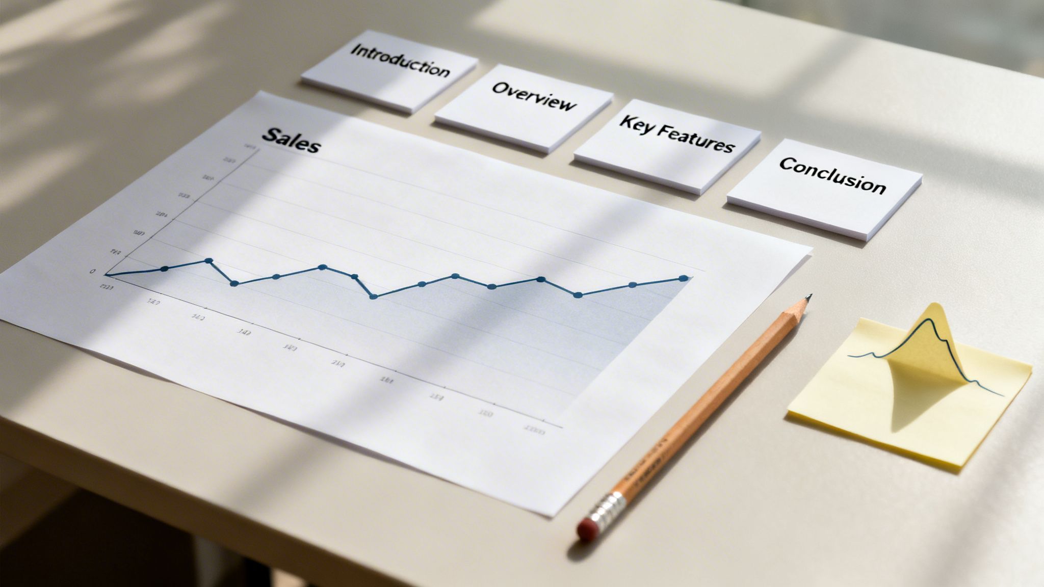 A desk with a sales graph, presentation section notes, a pencil, and a yellow sticky note.