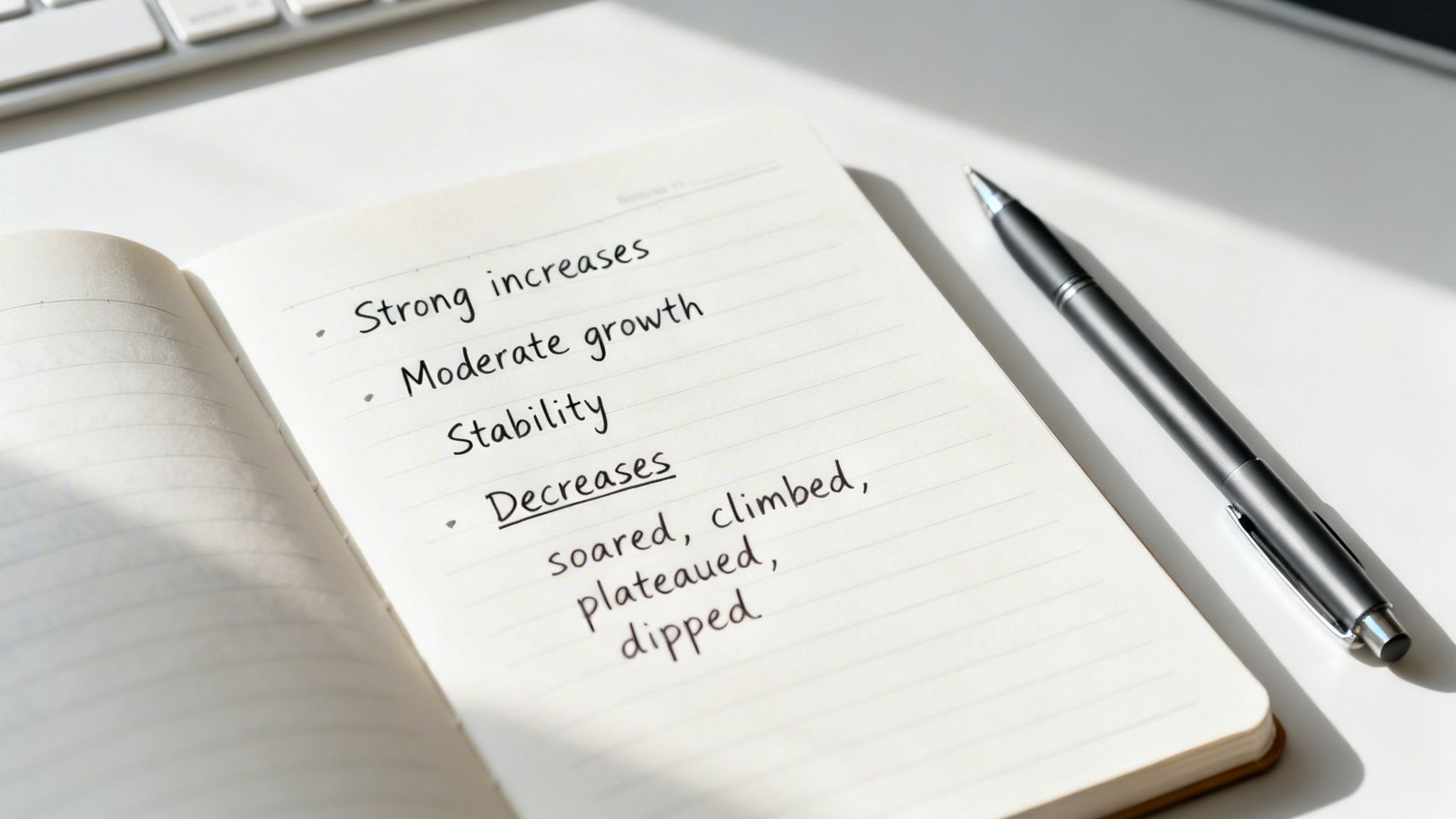 A notebook open on a white desk, displaying handwritten bullet points about business trends and a pen.