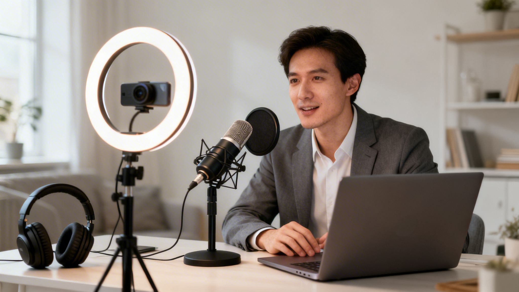 A smiling Asian man records a podcast or video, using a microphone, laptop, and ring light.