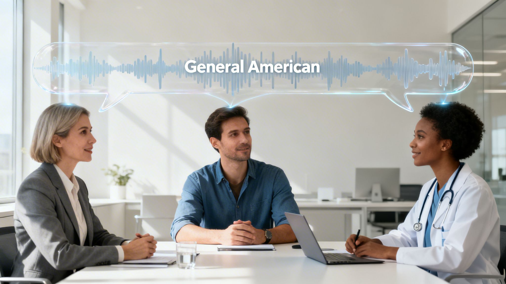 Three professionals in an office discuss language, with a glowing 'General American' speech bubble and waveform overhead.