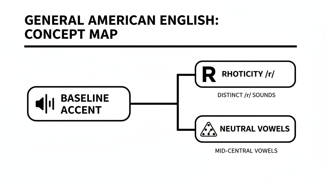 Concept map illustrating General American English features: baseline accent, rhoticity, and neutral vowels.