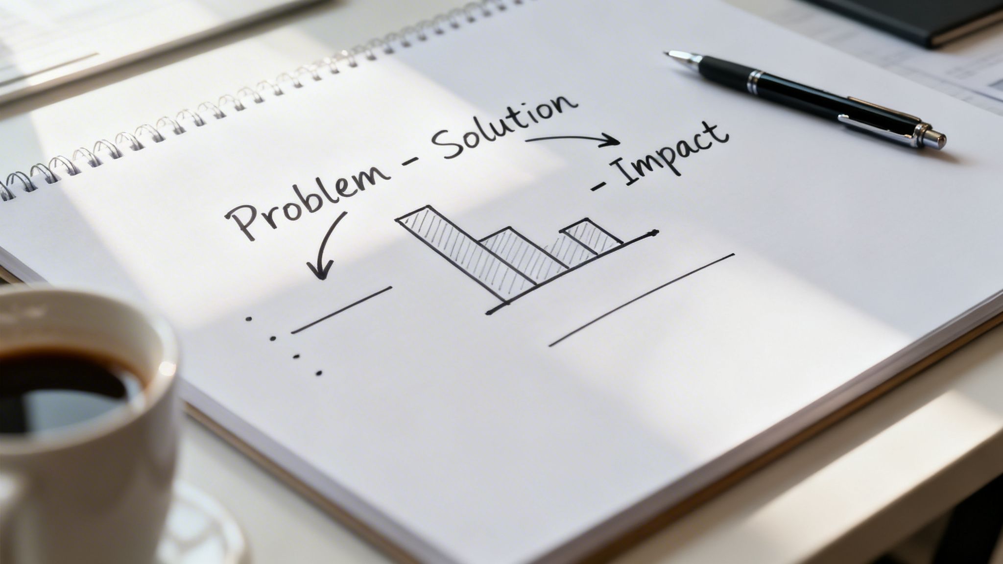 A notebook displays 'Problem - Solution - Impact' with arrows, a bar chart, and a pen.