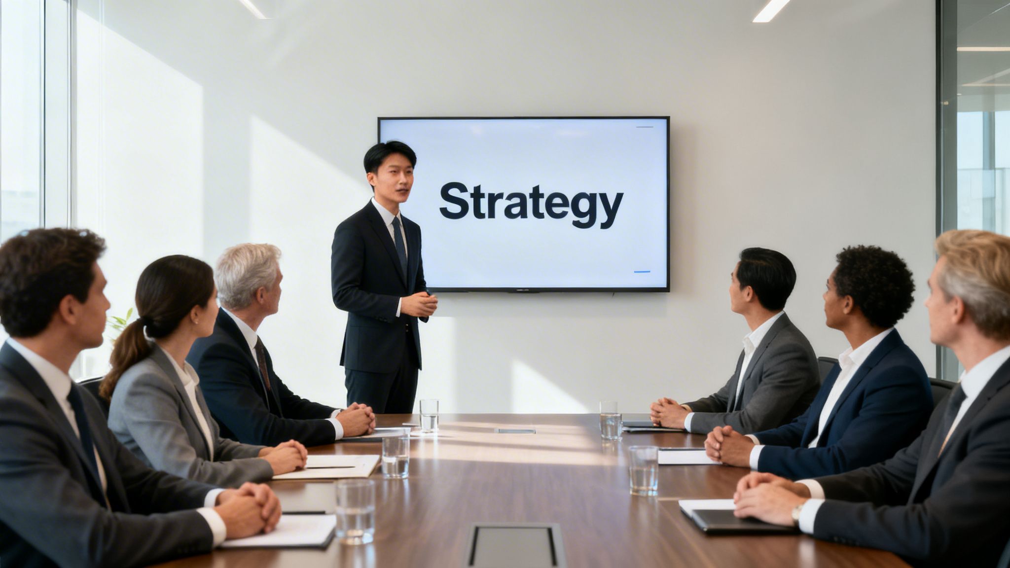 A young Asian man presenting 'Strategy' on a screen to diverse business executives in a modern meeting.