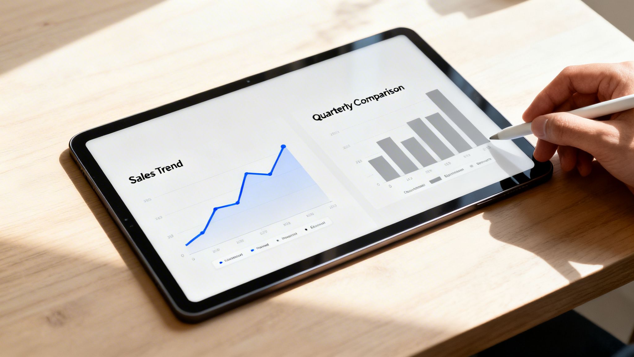 A hand uses a stylus on a tablet displaying business sales trend and quarterly comparison charts.
