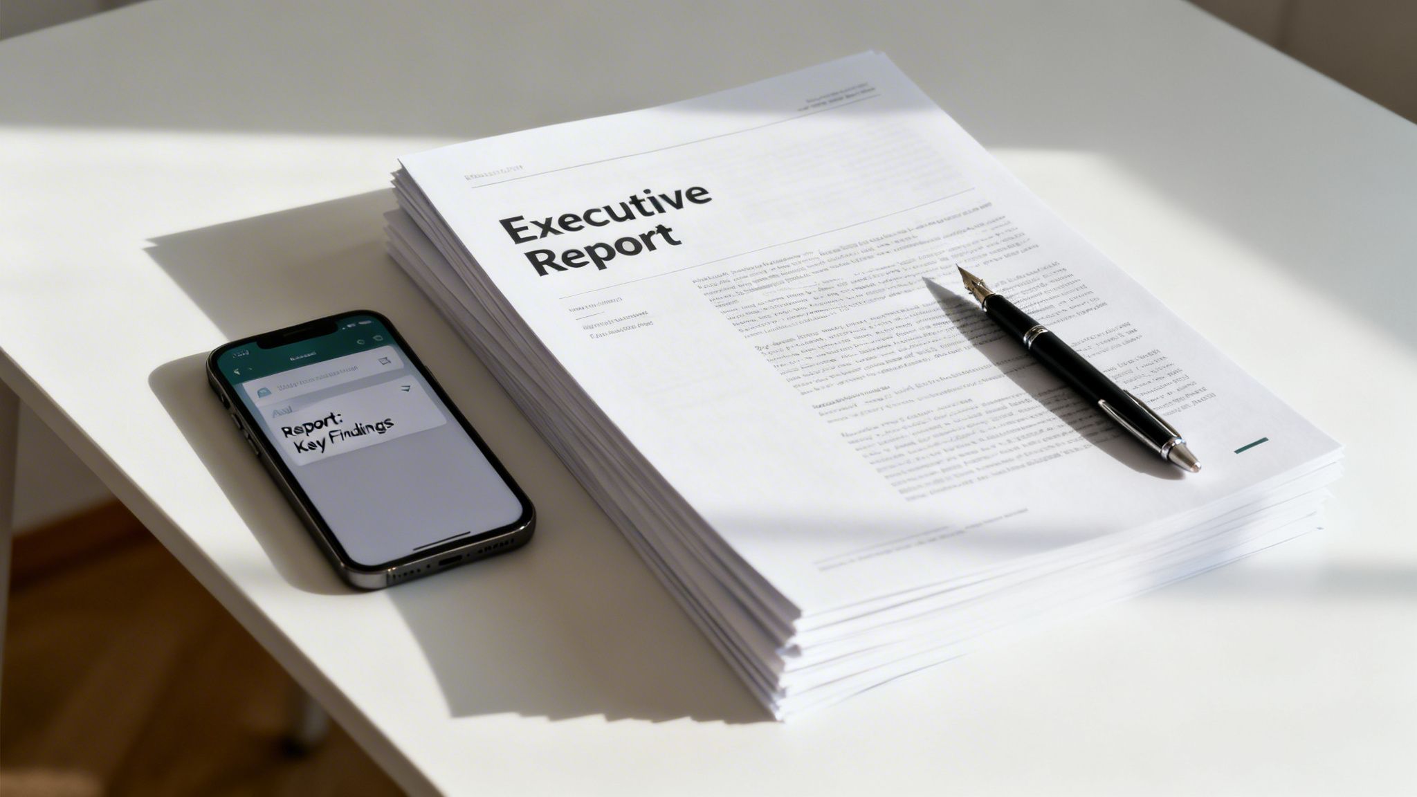 A stack of 'Executive Report' documents with a fountain pen, and a smartphone displaying 'Report: Key Findings'.