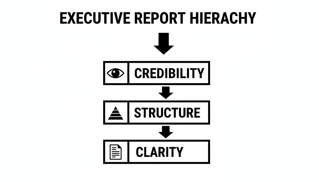 A black and white infographic showing the Executive Report Hierarchy with Credibility, Structure, and Clarity levels.
