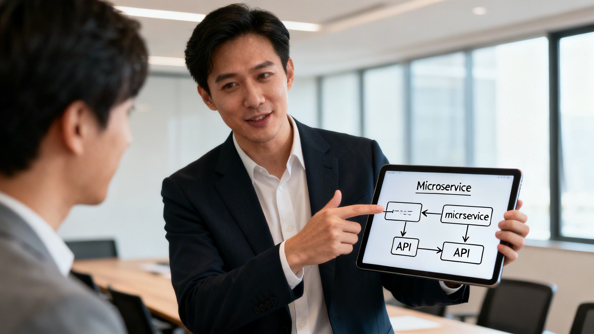 A man in a suit points to a microservice diagram on a tablet to a colleague.