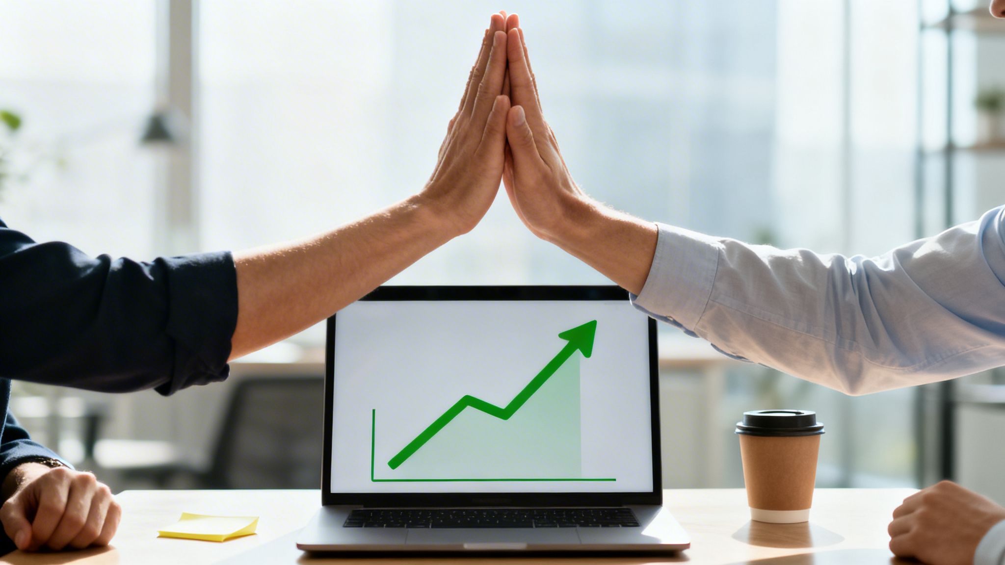Two people high-fiving above a laptop displaying a green upward trend graph, symbolizing business growth.