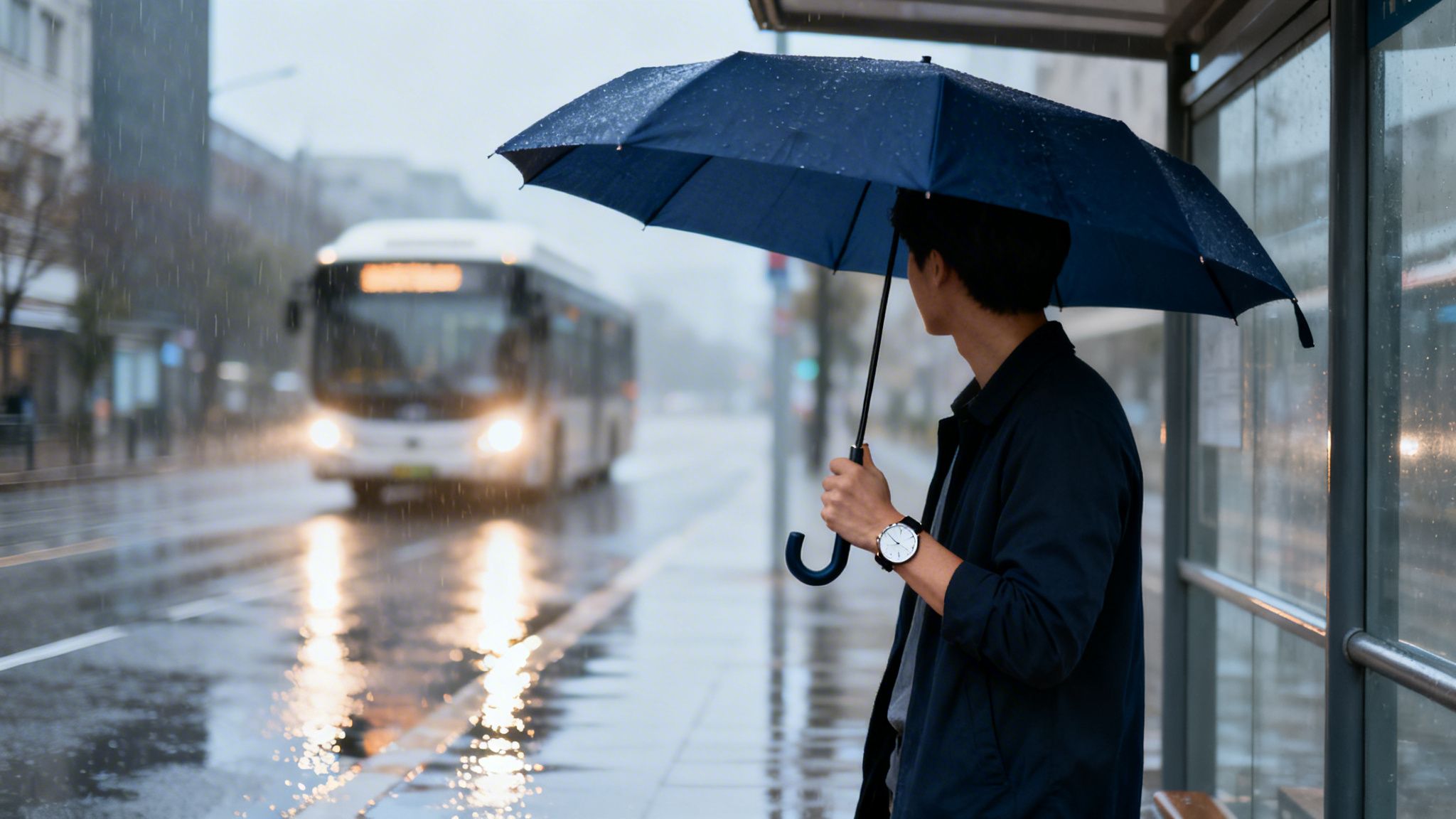 A person with a dark blue umbrella waits at a bus stop on a rainy day as a bus approaches.