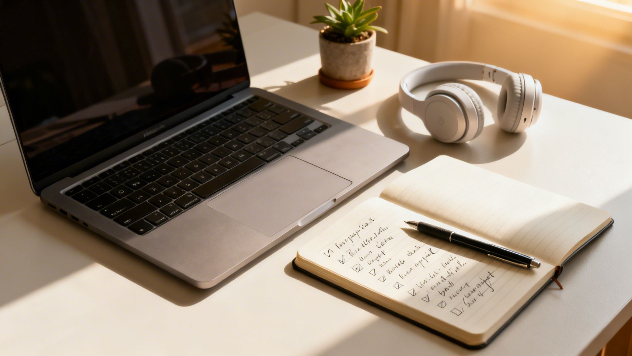 A well-lit desk setup featuring a laptop, white headphones, a small plant, and a notebook with a checklist and pen.